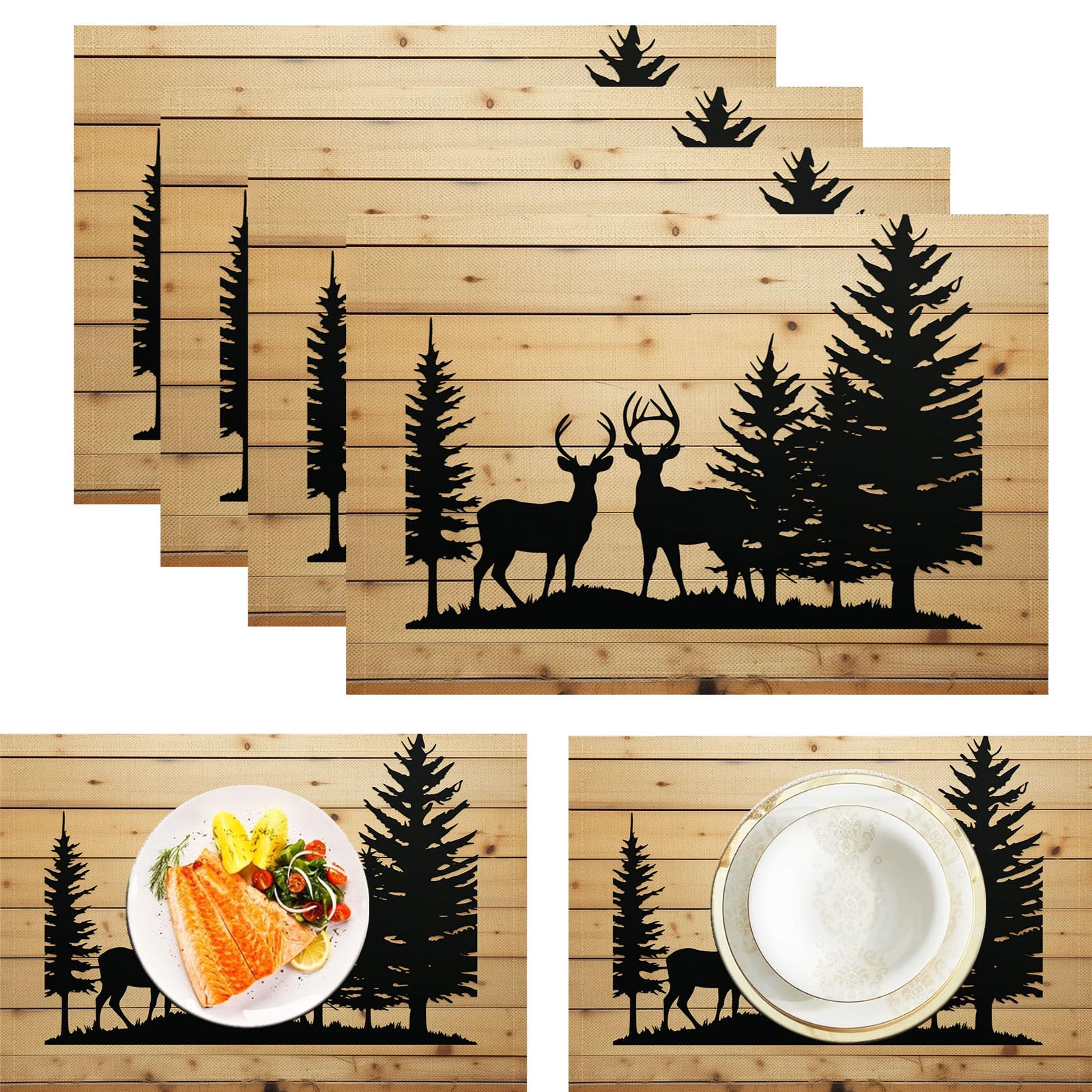Lot de 6 sets de table lavable style rétro motif bois cerf cuisine banquet