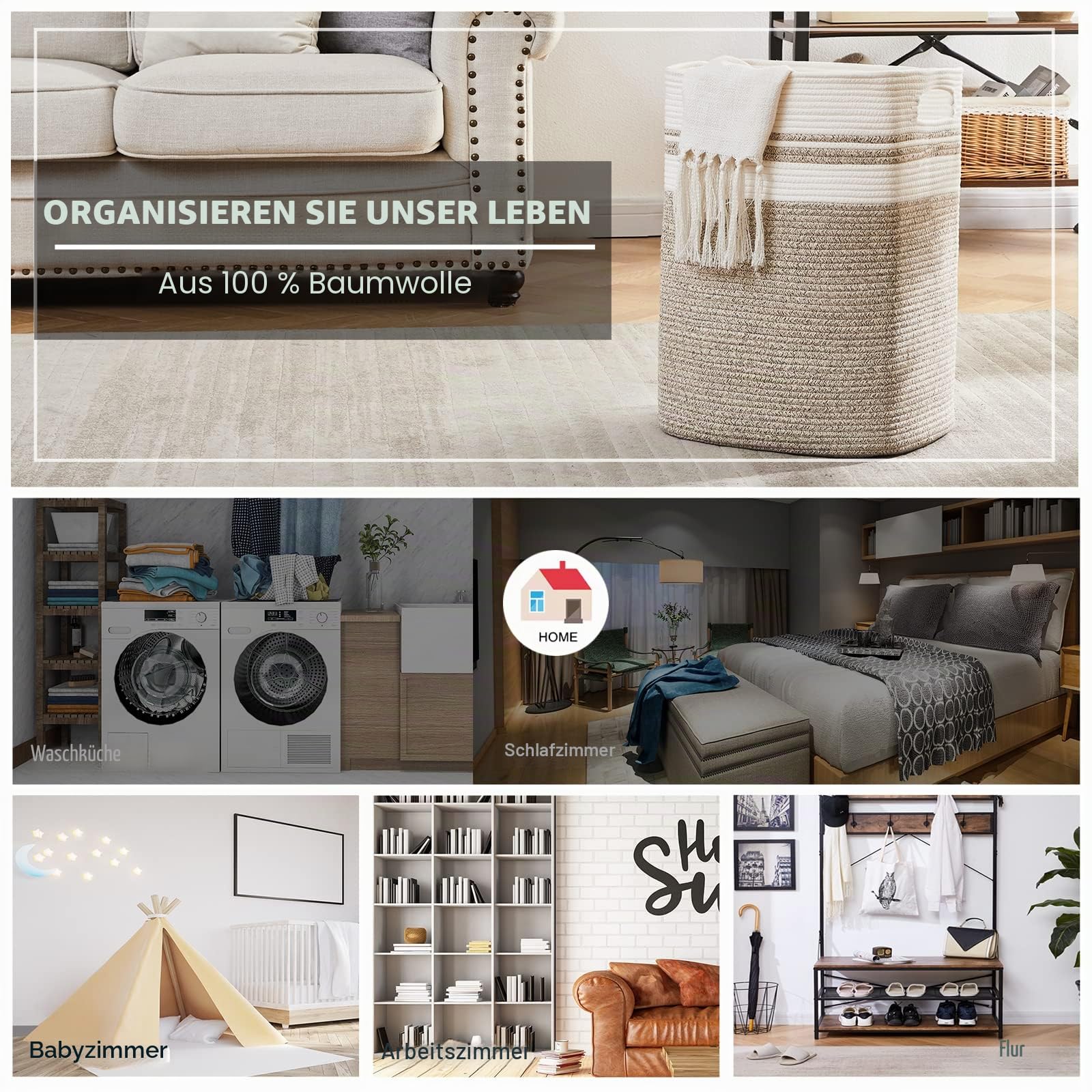OIAHOMY Wäschekorb, hoher Baumwoll-Aufbewahrungskorb mit Griffen, dekorativer Deckenkorb für Wohnzimmer, faltbarer großer Korb für Spielzeug, Kissen, Kleidung, 40,6 x 33 x 55,9 cm, gelb bunt