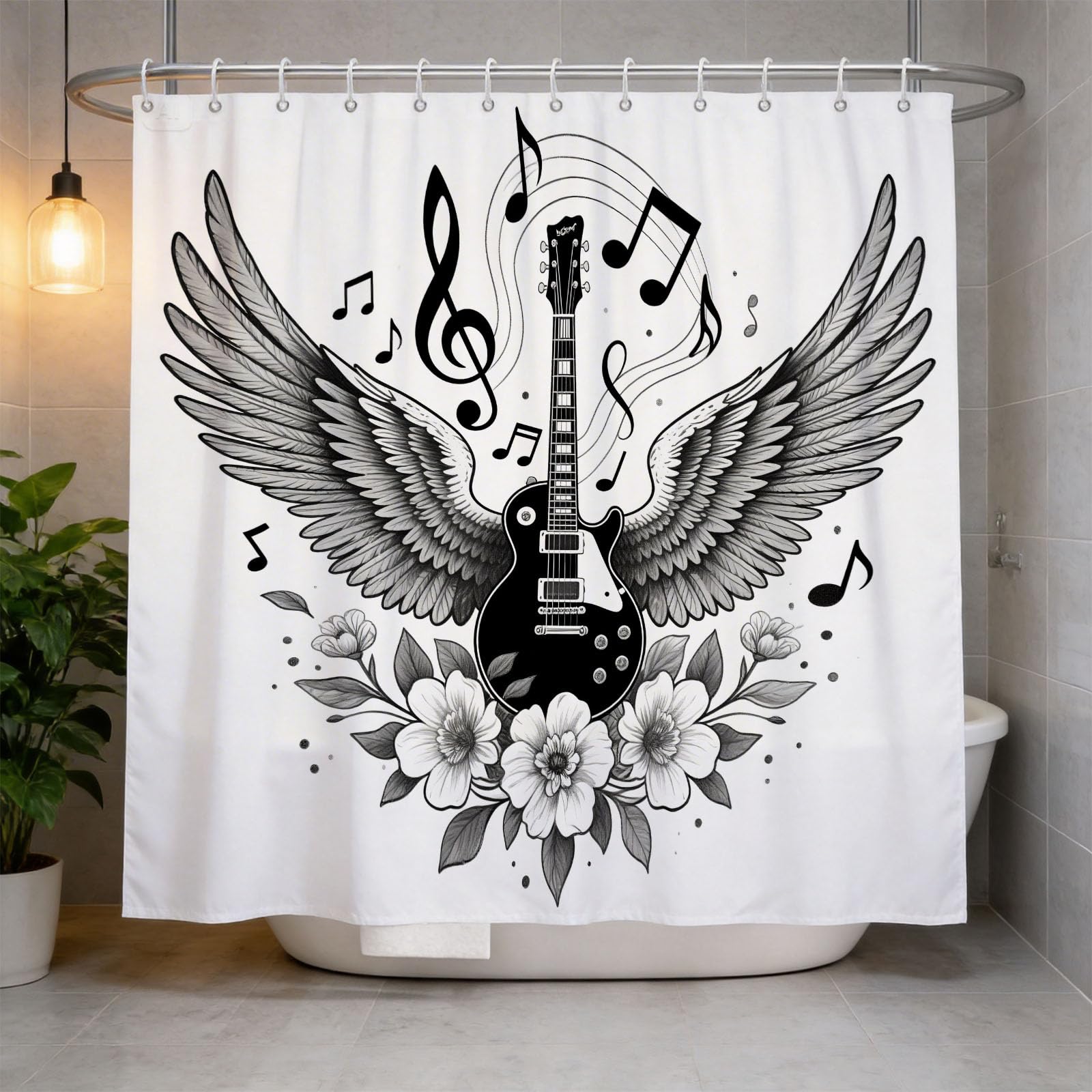 Hongduo 3D Musical Instruments Shower Curtain for Stalls Bathtubs Simple Bathroom Decor Shower Curtain Set Polyester Fabric Waterproof 180x200cm/71X79 Inch with Hooks