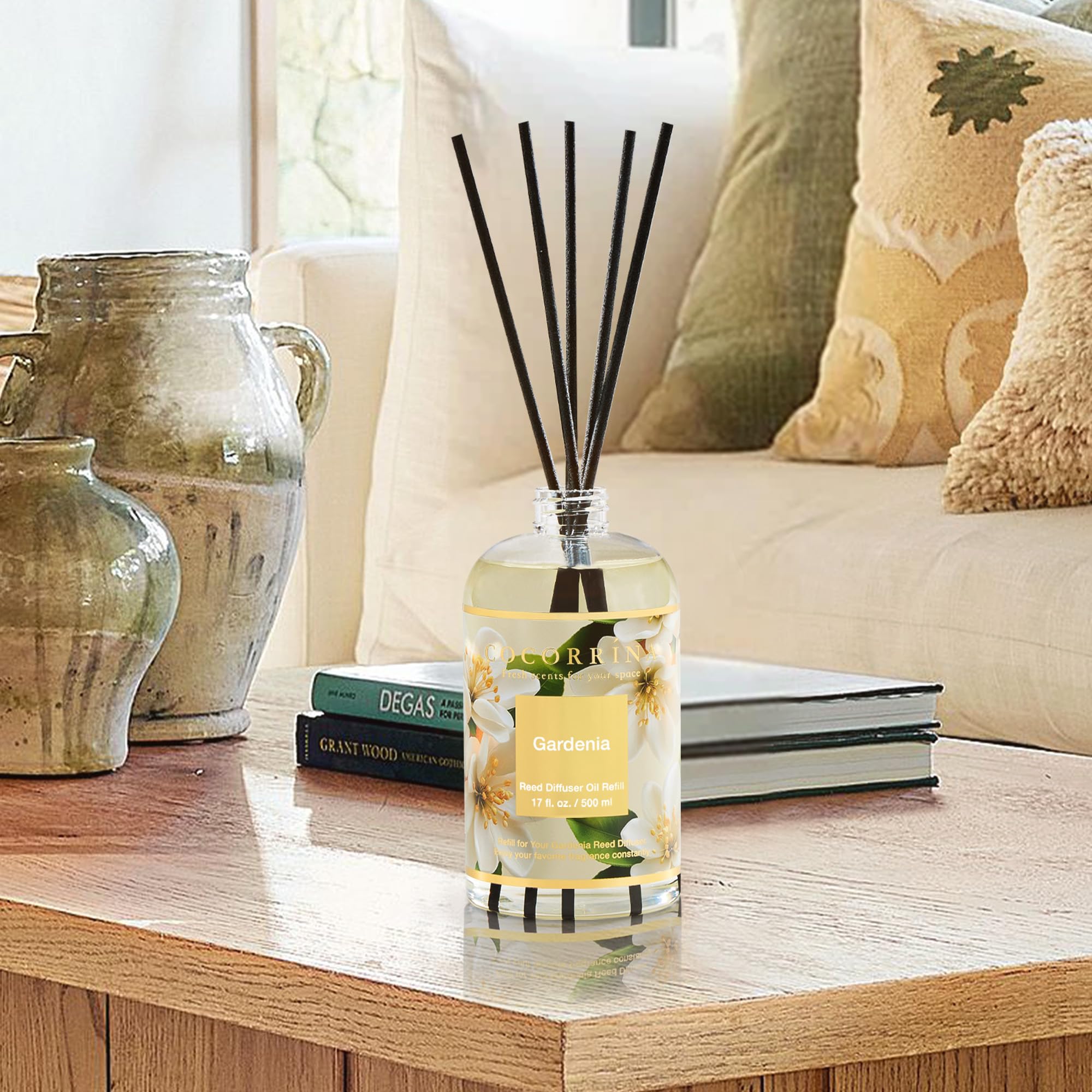 COCORRÍNA Ricarica Diffusore Ambiente 500ml con 8 Bastoncini, Gardenia, Profumo Lungo Durata con Oli Essenziali Naturali, Camera da Letto e Bagno