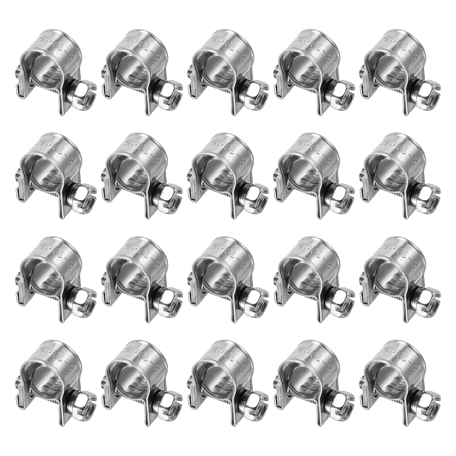 sourcing map 20pcs Fuel Injection Hose Clamp 8-10mm Adjustable 304 Stainless Steel Mini Gas Line Hose Clamp for Automotive Agriculture Plumbing Diesel Petrol Pipe