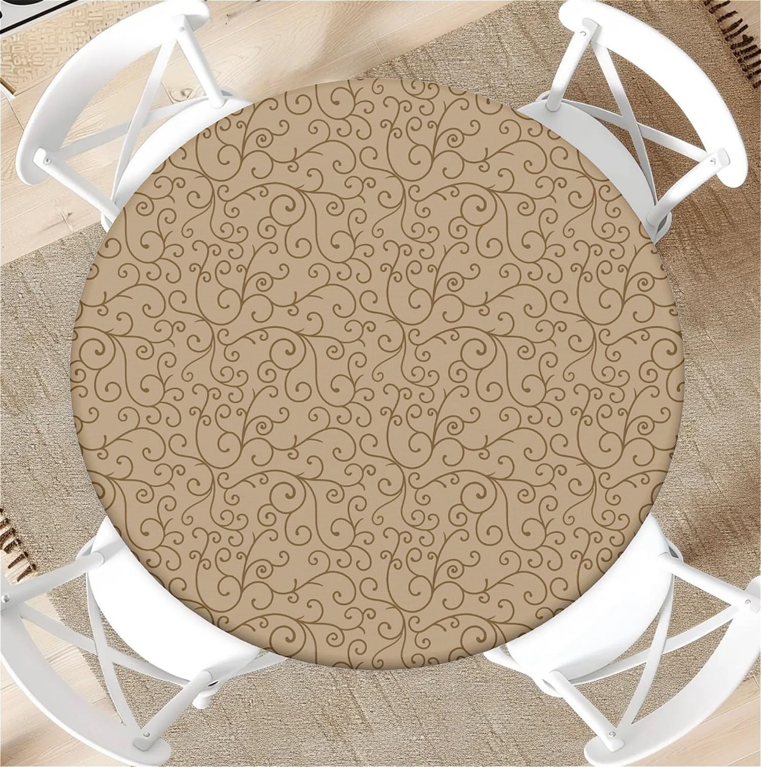 artslion Modern Round Table Cloth Wipe Clean 31 inch, Waterproof Table Cover with Elastic for Dining Room, Kitchen & Coffee Table-Taupe Scroll