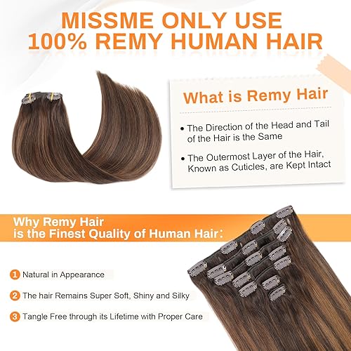 Miniatura 5 de MISSME Extensiones de cabello humano real con pinzas, 14 pulgadas, 3.88 oz, 7 unidades, sin costuras, 16 clips, 100 % cabello humano real, balayage,