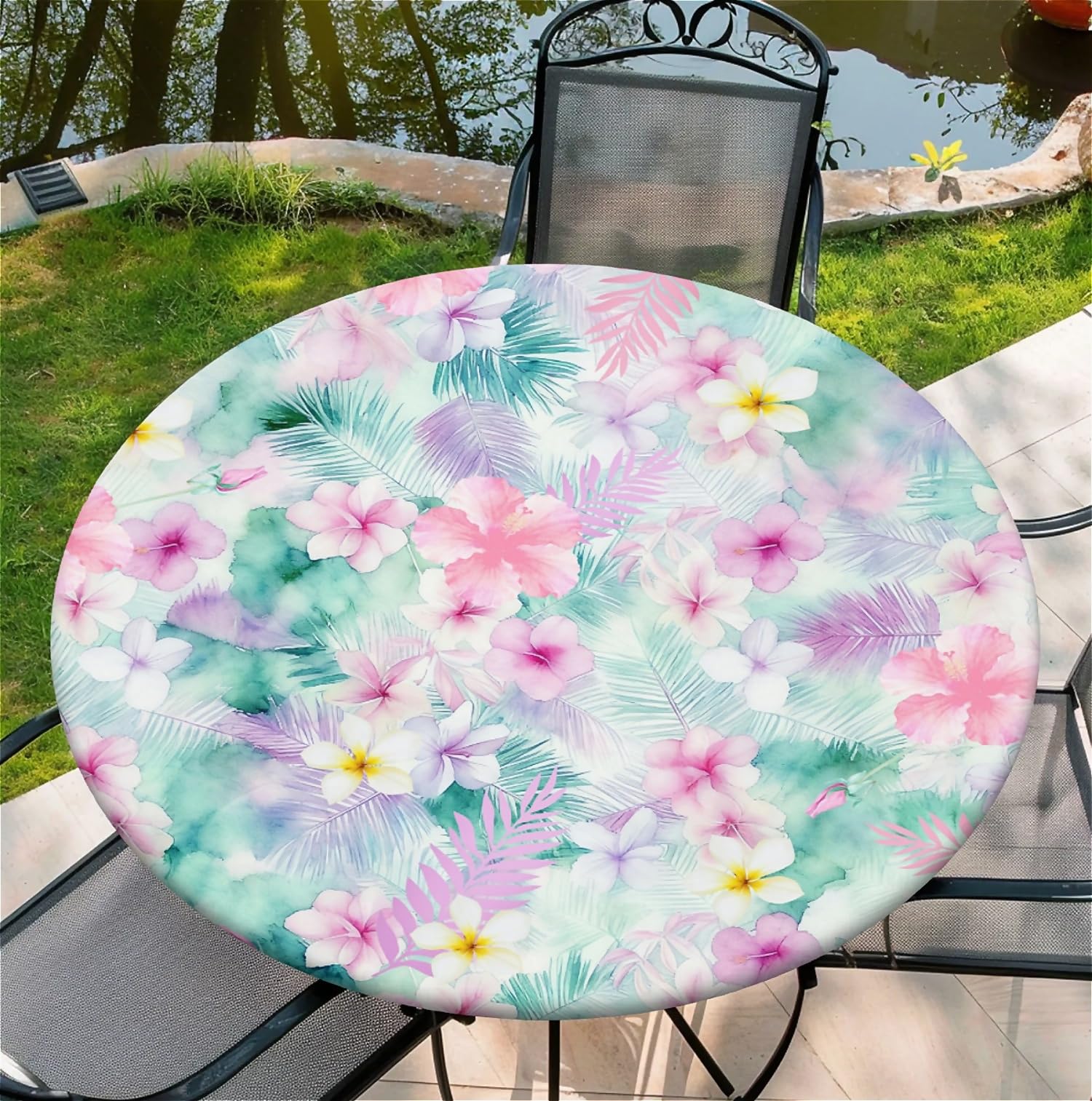 ARTSGOO Round Fitted Tablecloth with Elastic Edge Design Waterproof Outdoor Fitted Table Cover Wipeable Table Cloth for 36" Round Tables - Flowers