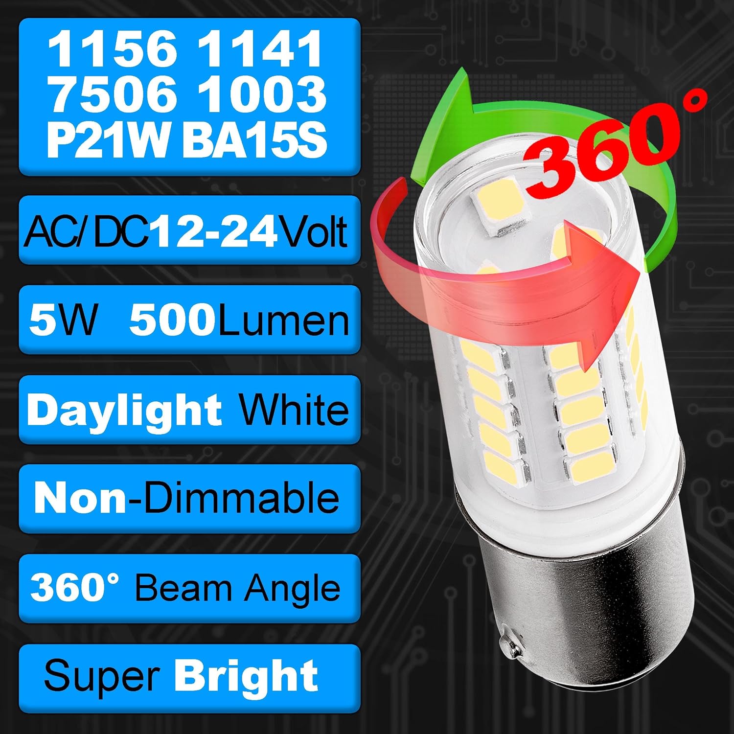 12 Volt 1156 BA15S LED RV Interior Light Bulbs 1141 7506 1003 P21W Daylight White 6000K 5 Watts DC Bayonet Single Contact Base for AC10-24 Volt DC10-30 Volt Car Camper Marine Boat Trailer Lights,3Pack