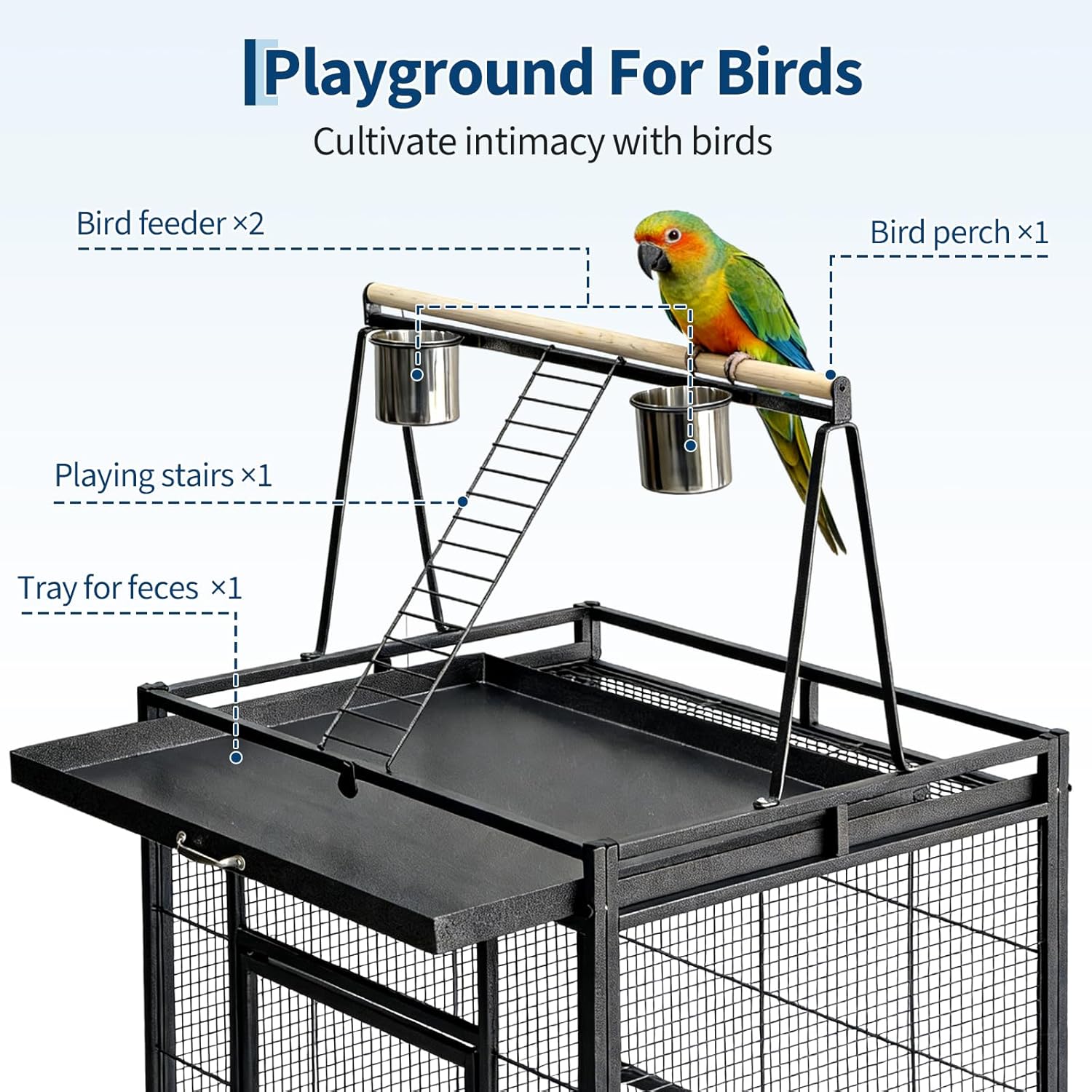 69" Extra Large Bird Cage with Rolling Stand & Play Top - Wide Metal Parrot Cage for Macaws, Cockatoos, Conures, Parakeets, Lovebirds, Includes Bowls