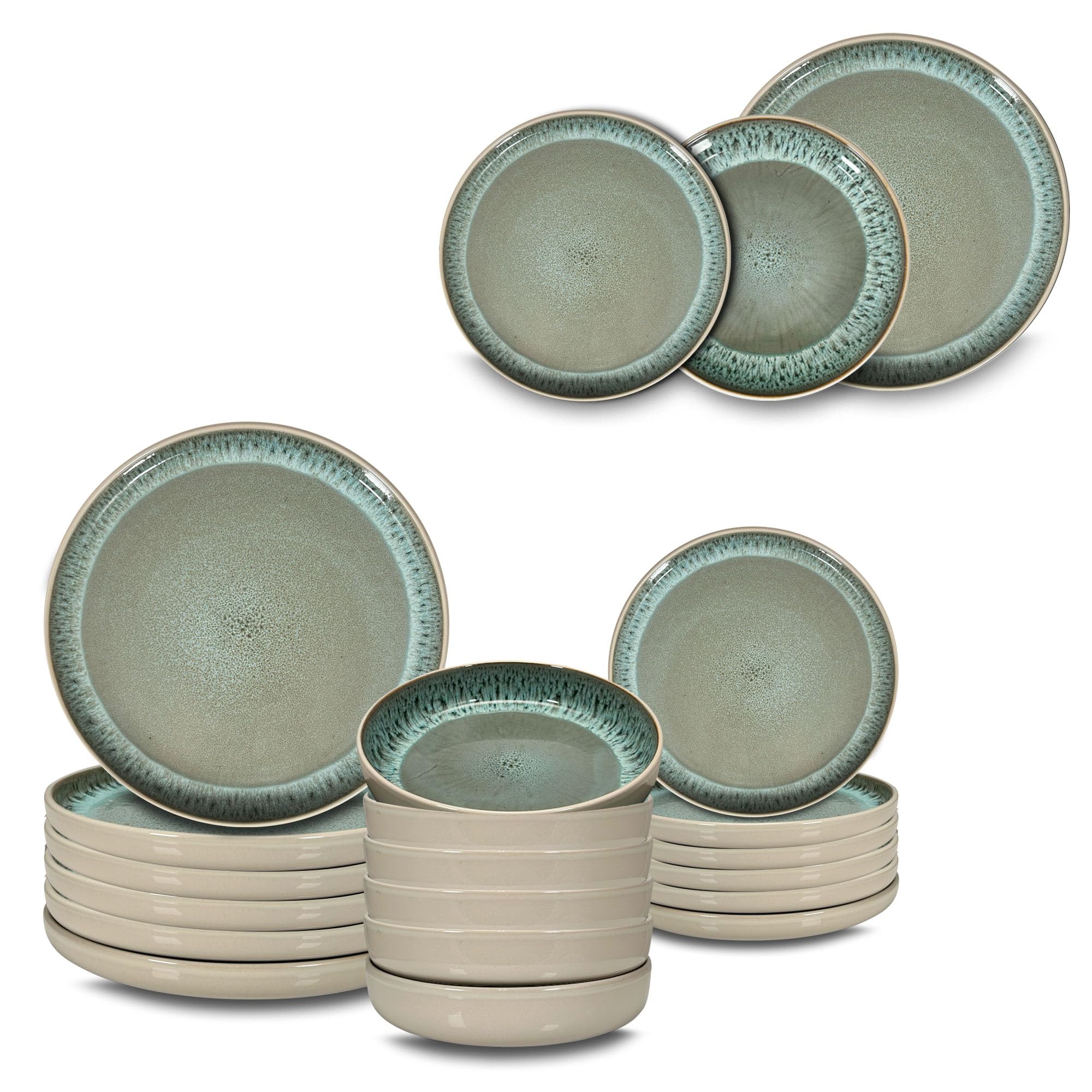 ARCA, Set 18 Piatti Coordinati Reactive Smeraldo in Ceramica Decorata, Servizio per 6 Persone, con Piatti Moderni Fondi, Piani e da Dessert