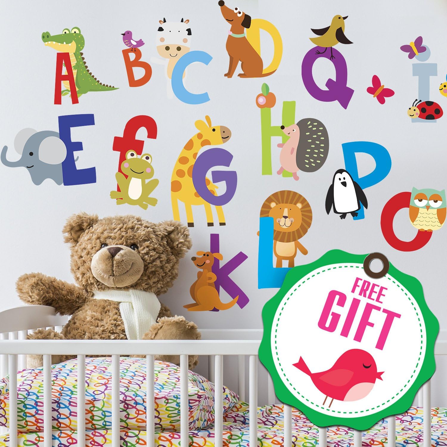 ABC Wall Decals - Alphabet Educational Animal Stickers - Classroom Decor - Playroom Decals for Wall - Animal Letters to Stick Kindergarden - Bedroom Stickers Kids ABC Lettering - [Gift Included]!