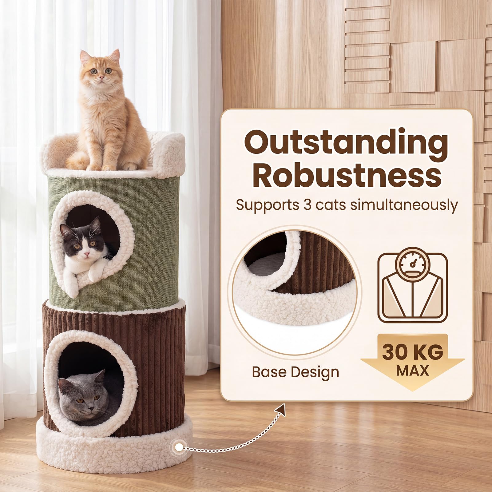 GOPLUS 85 cm Barril Rascador para Gatos de 3 Niveles | Árbol para Gatos con Plataforma Superior, 2 Cuevas, Centro de Actividad Acolchado para Mascotas, Dormitorio, Sala de Estar