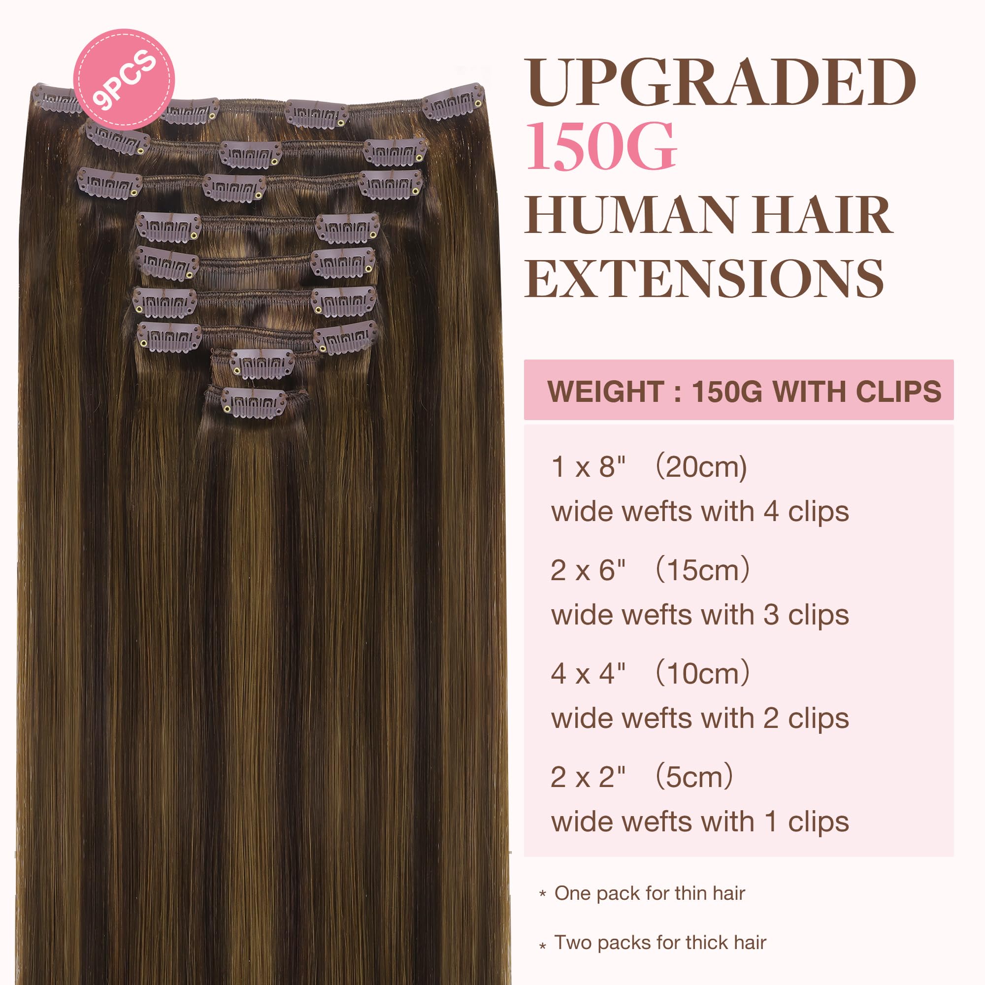 GOO GOO Clip in Hair Extensions Human Hair, 18inch 150g 9Pcs, #2 Dark Brown, Hair extensions for women, Human Hair Extensions Clip in — view 325