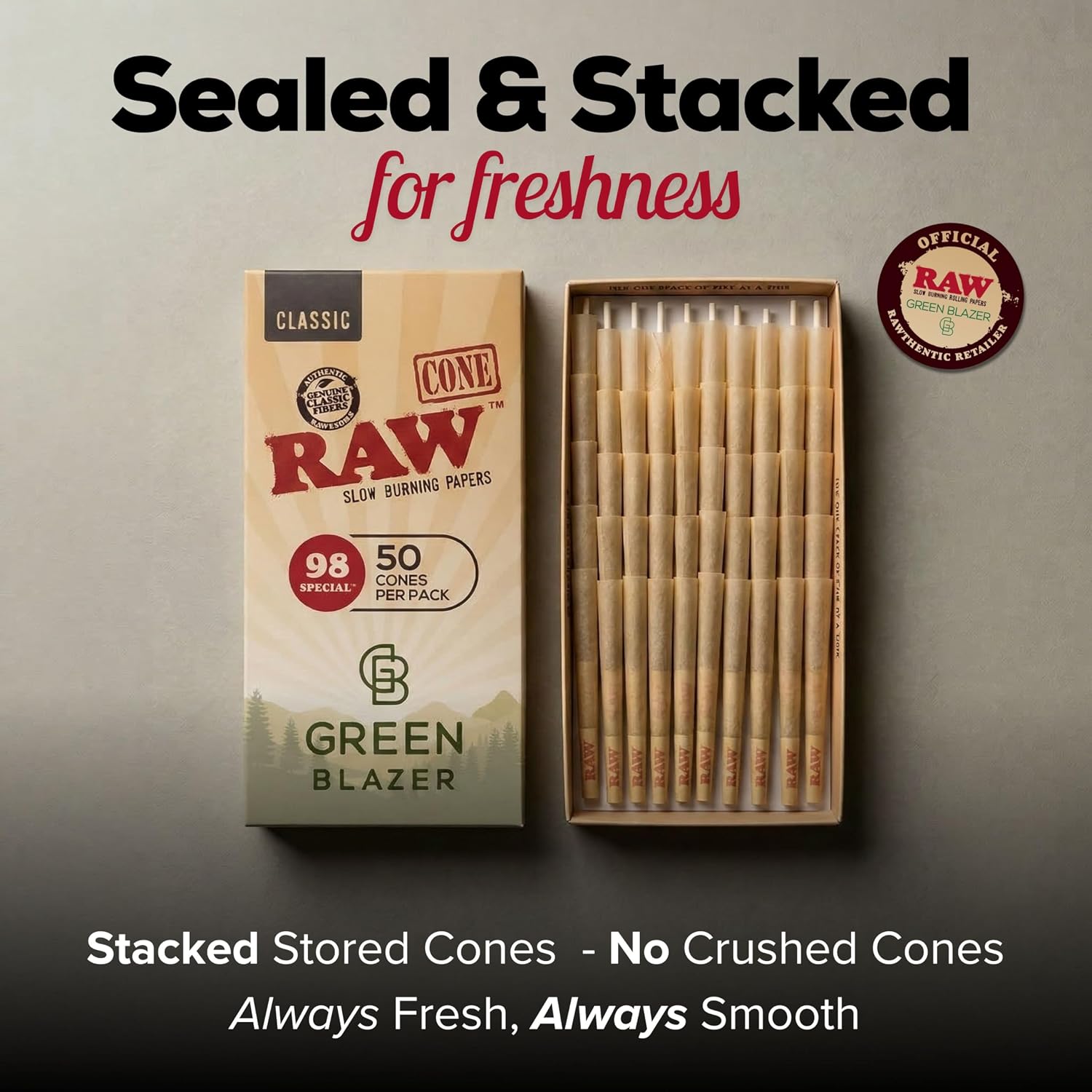 RAW Cones 98 Special: 50 Pack Patented Slow Burning Pre Rolled Cones Rolling Papers & Tips – All Natural Classic Rawthentic Paper, 98mm