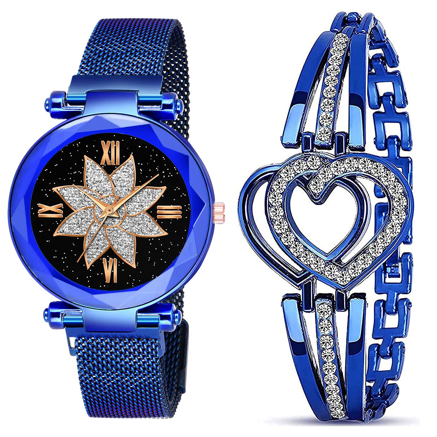 Shunya New Luxury Blue Heart Stylish Bracelet & Magnet Strep Flower Black Dial Watch Combo Pack-02 Analog Watch - for Girls (B09D9PDKV6) Amazon Price History, Amazon Price Tracker