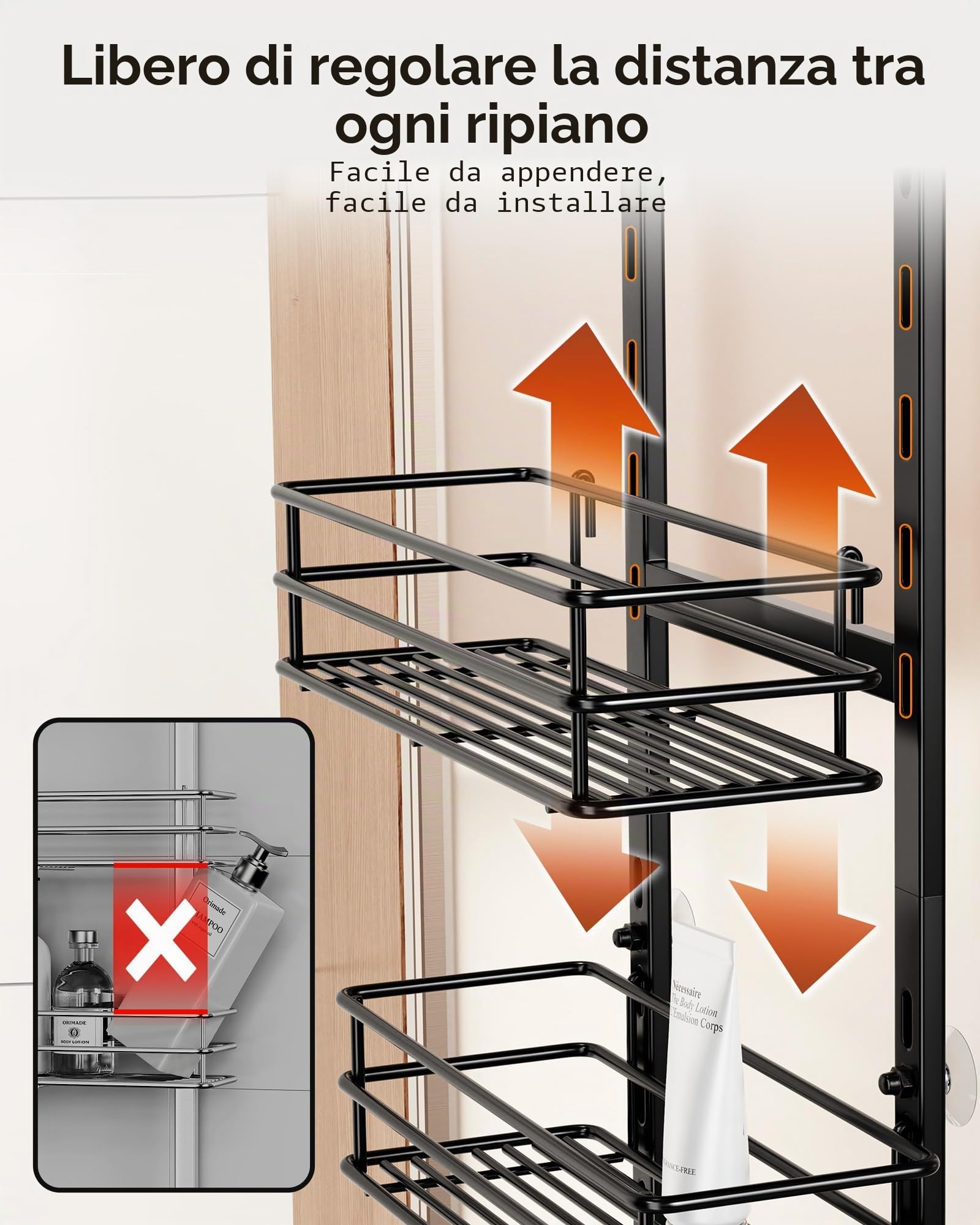Orimade Mensola portaoggetti da appendere sopra la porta, regolabile, antiruggine, con gancio, supporto per shampoo, mensola da bagno con portasapone, cestino da doccia con ventosa extra large, 5
