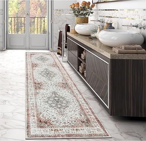 Miniatura 5 de Moespace Alfombra lavable de 2.5 x 8 pies, alfombra retro bohemia vintage de pelo bajo, alfombra de entrada para pasillo, alfombra oriental