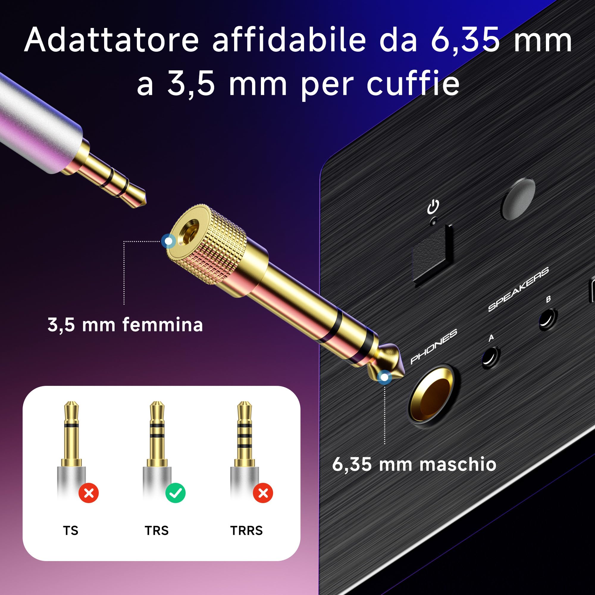 Cable Matters Confezione da 5 adattatori per cuffie 3,5 mm a 6,35 mm AUX jack