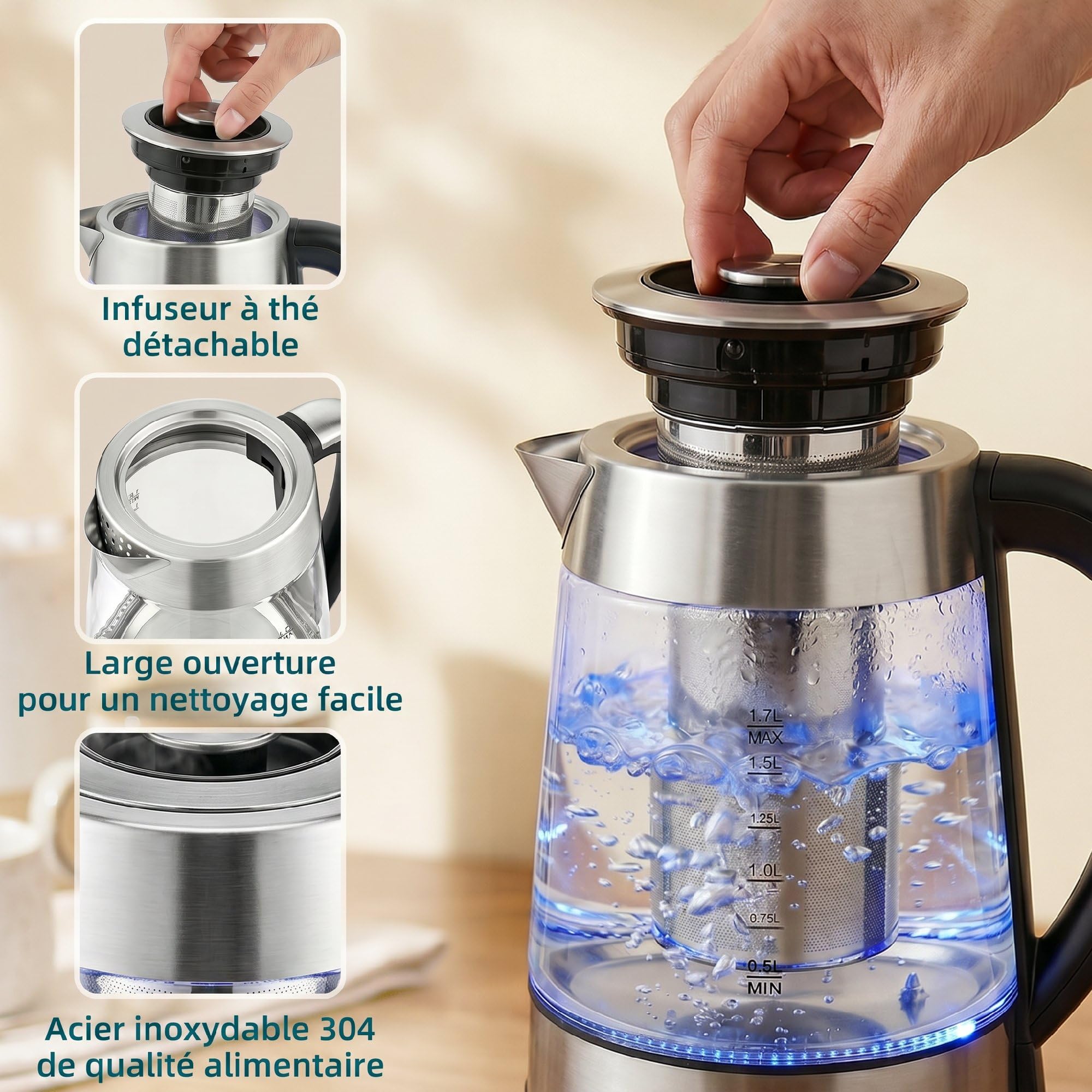HOMCOM Bouilloire Électrique 1,7L Rapide 2200W Thermostat Strix Argent