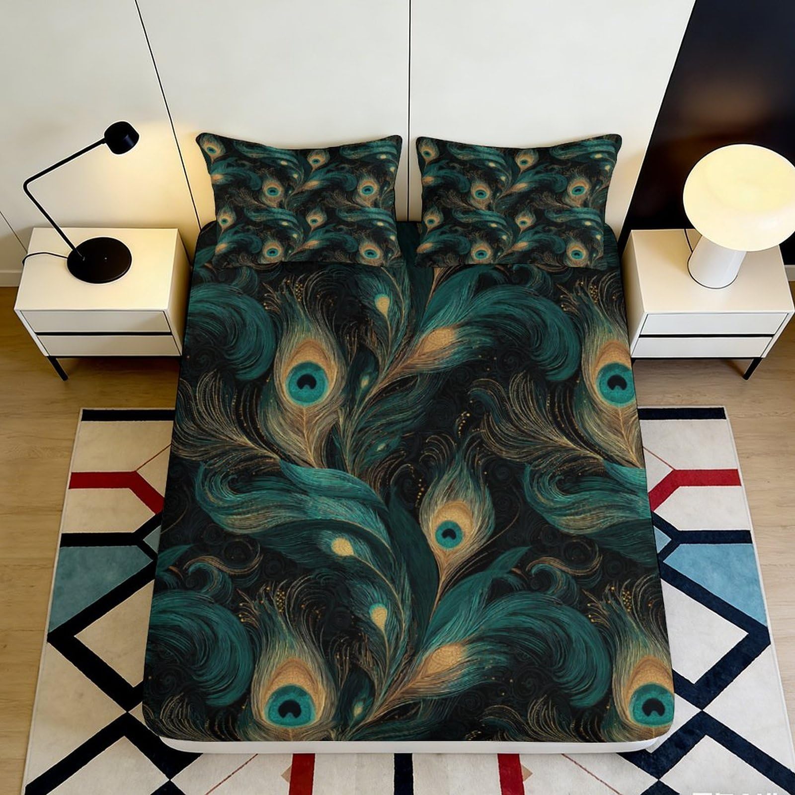 3D Printed Peacock Feather Fitted Sheet Microfiber Soft Decorative Abstract Bed Cover for Bedroom Guest Room Dorm Protection 90x200x25cm