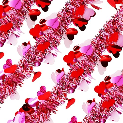 Miniatura 3 de Guirnalda de oropel de San Valentín de 4 cuerdas en total de 26.4 pies, cada guirnalda metálica de 6.6 pies con corazones colgantes con purpurina