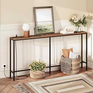 MAHANCRIS Console Table with Power Outlet, 160 cm Narrow Sofa Table, Industrial Entryway Table with USB Ports, Behind Couch Table for Entryway, Hallway, Foyer, Living Room, Rustic Brown ACTHR16KE01V