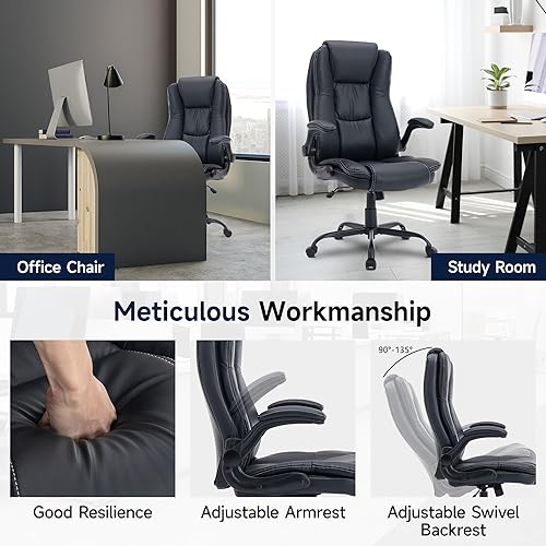 Miniatura 5 de Silla de oficina ejecutiva, silla de oficina de cuero sintético con respaldo alto, cómoda silla de escritorio con ruedas y brazos abatibles, silla