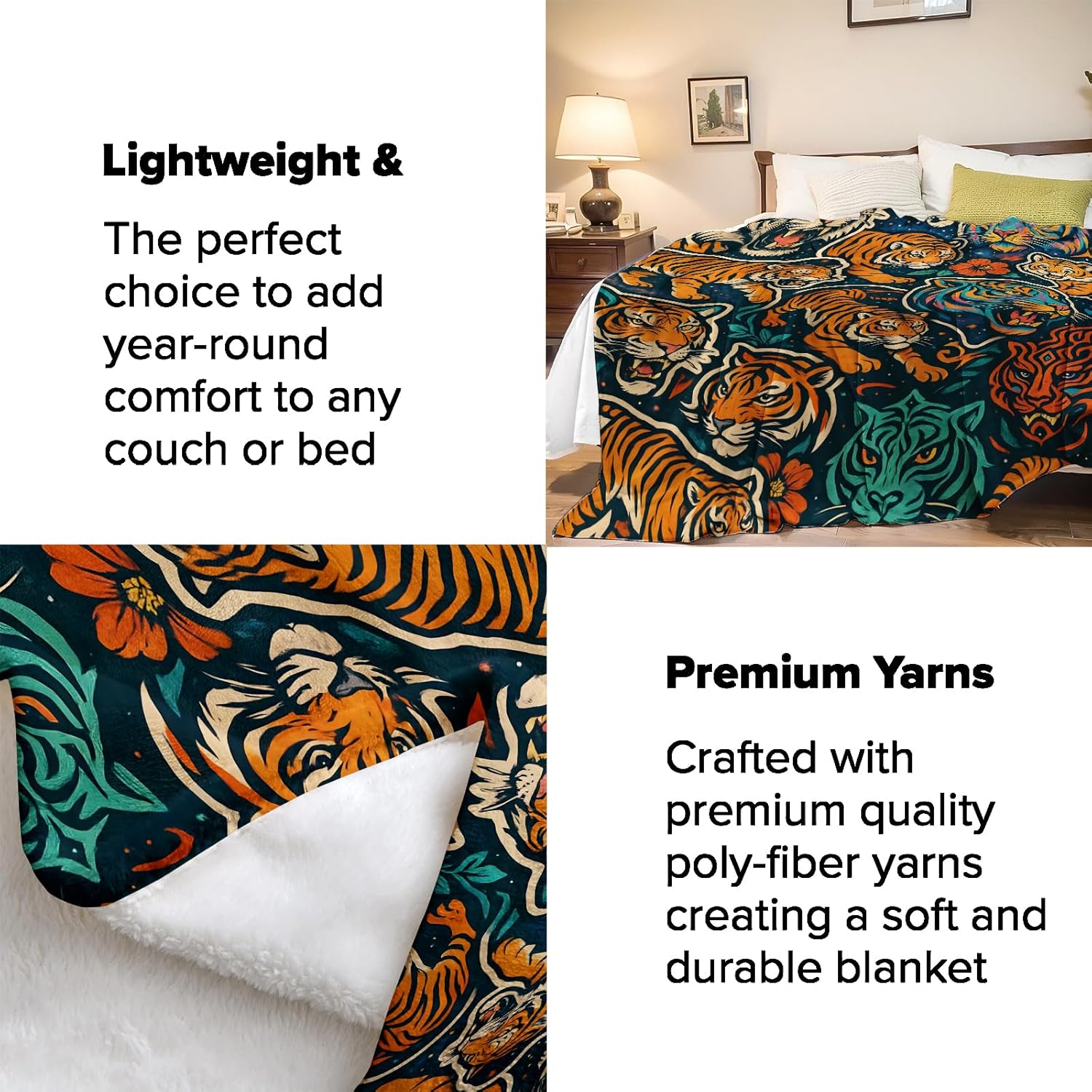 Tiger Throw Blanket Gifts for Adults Kids, Tiger Pattern Blankets for Living Room Bedroom Decor, Fuzzy Warm Flannel Plush 50"x60" - Image 4