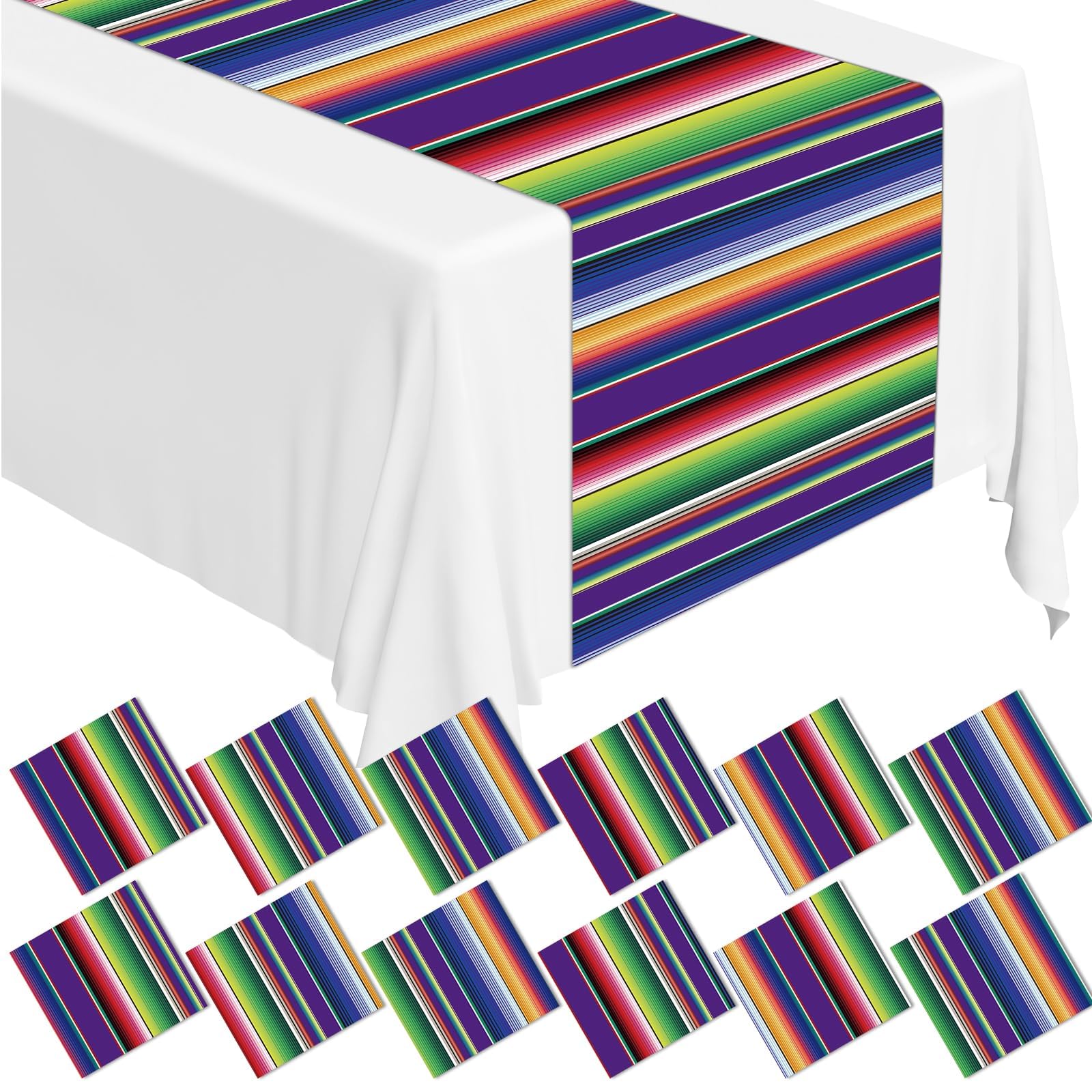 Photo 1 of 12Pack Plastic Mexican Table Runner Disposable Fifth of May Mexican Serape Table Runner 14 x 84Inch Purple Striped Table Cover for Dinning Table Fiesta Party Day of The Dead Taco Party Decor Supplies
