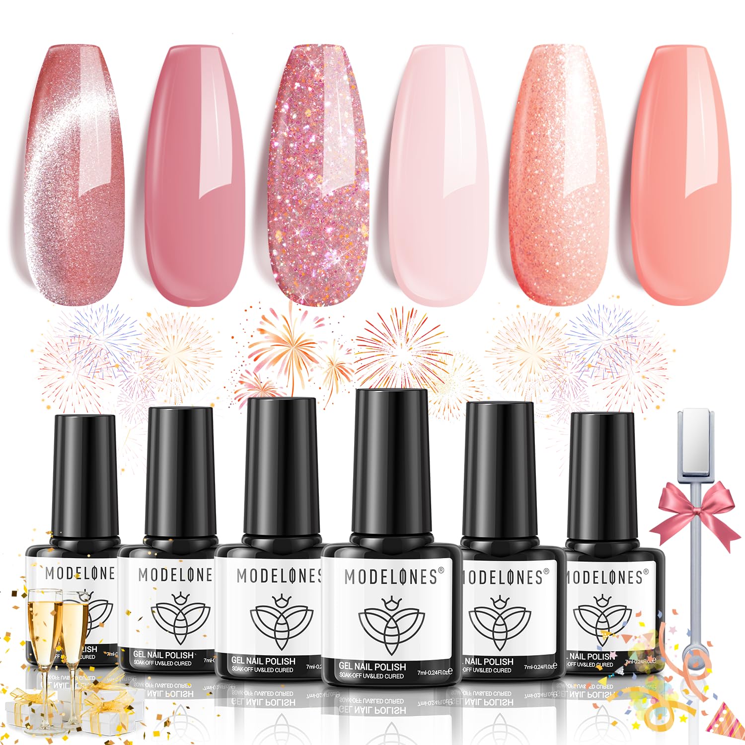 modelones Gel Nail Polish Set, 6 Colors Neutral Nude Pink Gel Polish Shimmery Glitter Nail Gel Polish Cat Eye Magnetic Nail Art Gel Kit Soak Off LED Manicure Salon DIY Home Gift for Girl Women