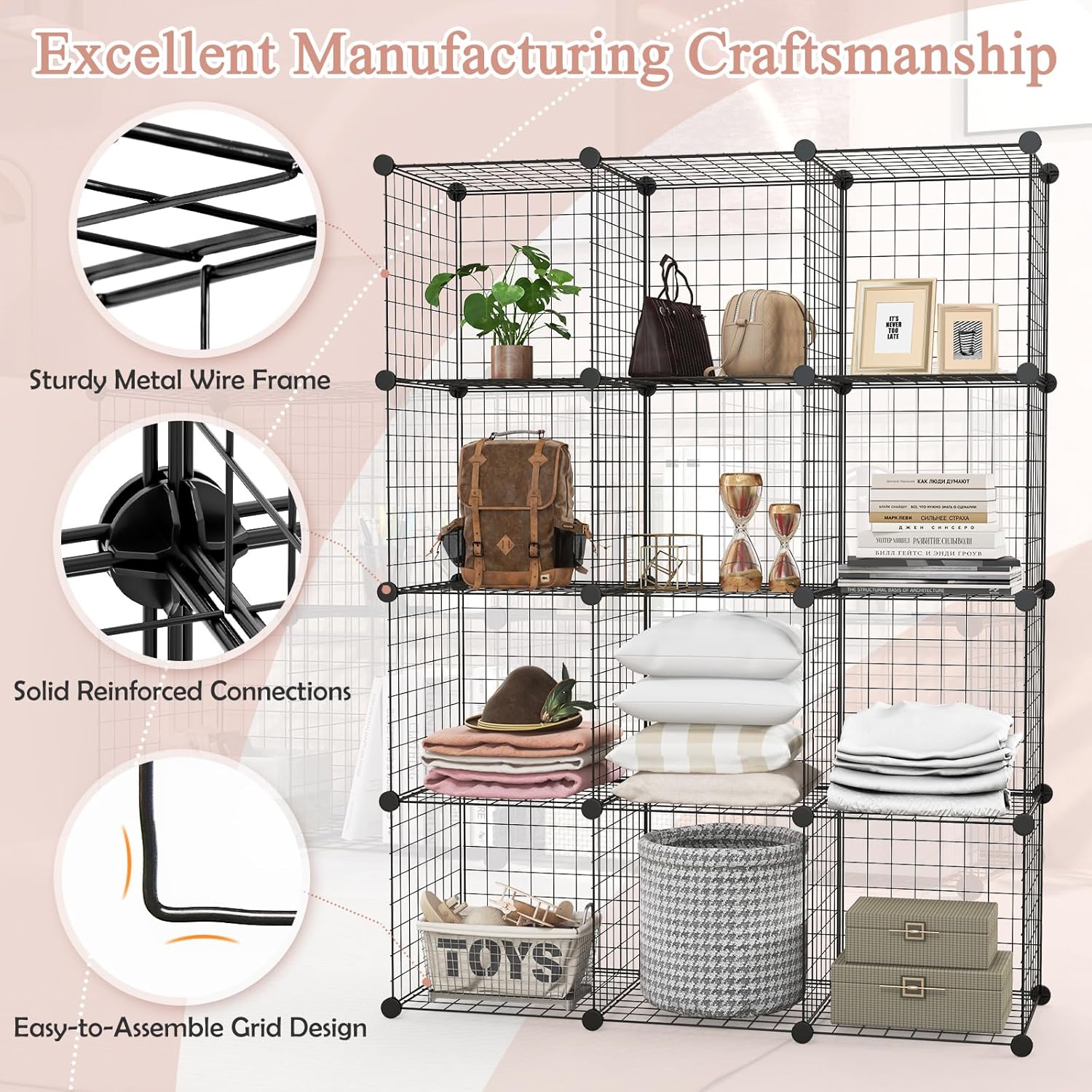 NAFORT Wire Cube Storage System, DIY Metal Grid Cube Storage Organizer with Durable Frame, Sturdy Connectors, 12-Cube Modular Grid Shelves for Books, Potted Plants, Bags, Shoes, Clothes & Coats Black 12-cube