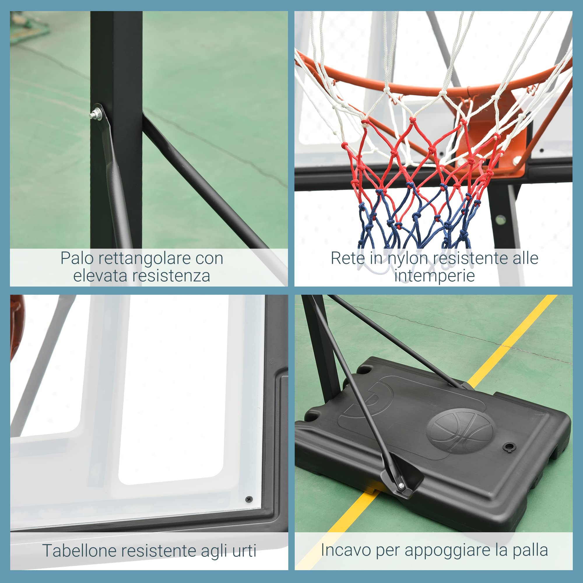 HOMCOM Canestro Basket per Adulti con Altezza Regolabile 302-352cm, Struttura in Acciaio, PE e PVC, Nero