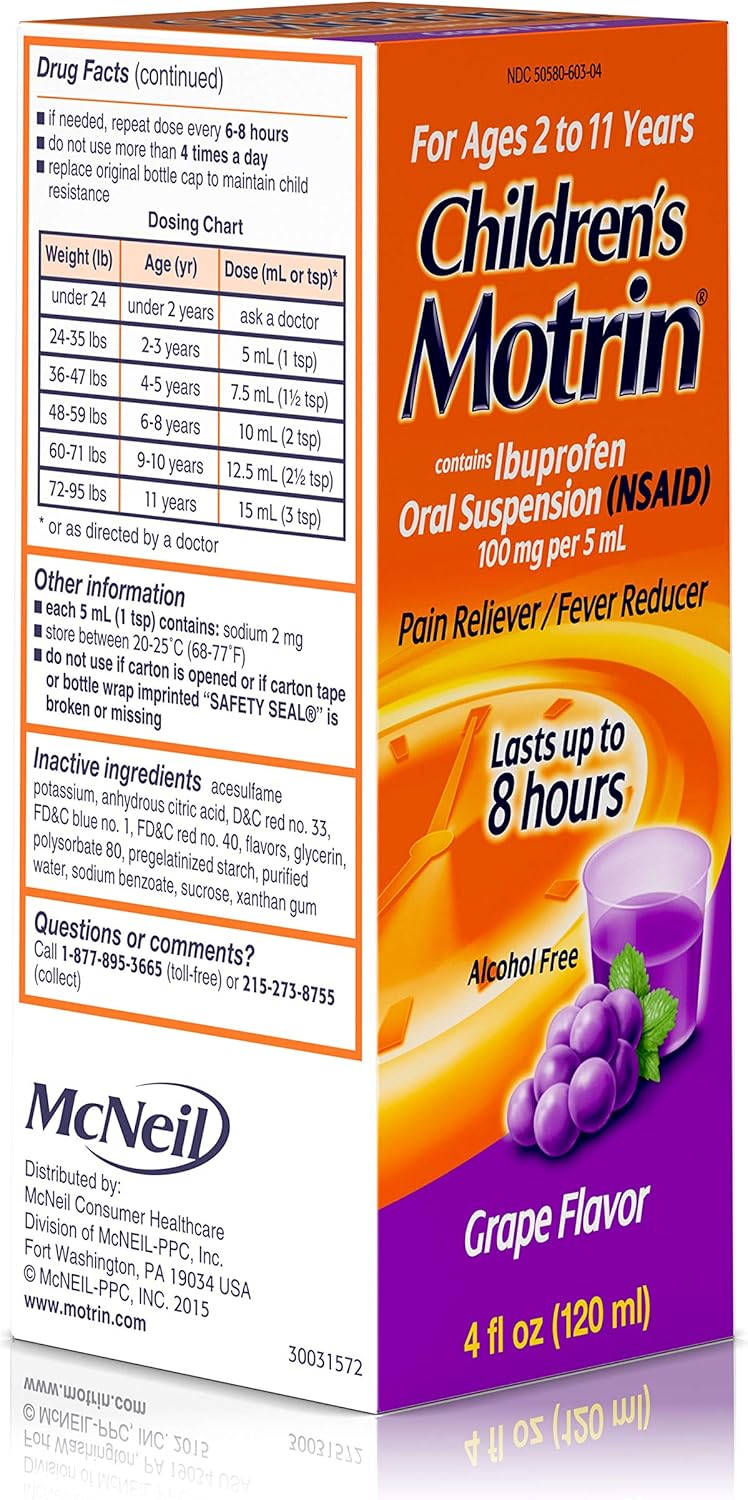 Motrin Children's Oral Suspension Grape Flavor - 4 oz, Pack of 3