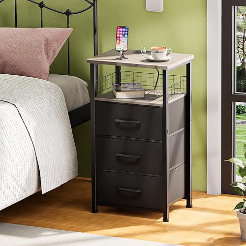 Miniatura 16 de Juego de 2 mesitas de noche con estación de carga, juego de 2 con tira de luz LED de 20 colores, 3 cajones de tela, mesita de noche con puertos USB