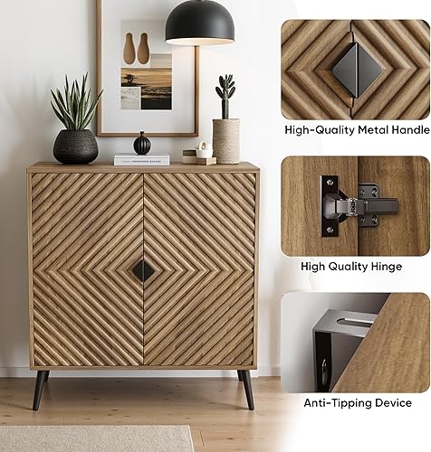 Miniatura 6 de Smuxee Aparador de nogal con puertas de diamante estriadas, gabinete de buffet independiente con estante ajustable, armario de almacenamiento de