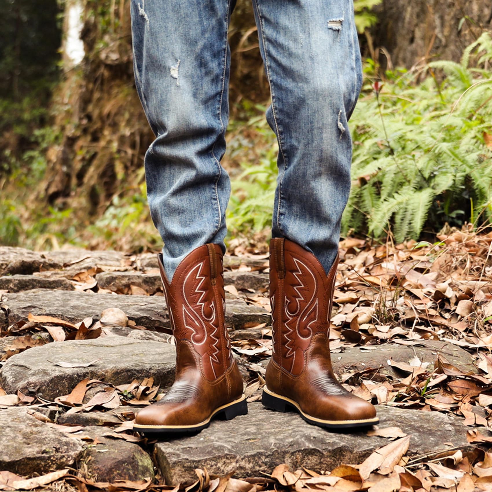 Stivali da Cowboy Western in Pelle con Punta Quadrata da Uomo Stivali da Lavoro Casual a metà Polpaccio Stivali Country Ricamati in Pelle Stivali Country Tradizionali Tradizionali