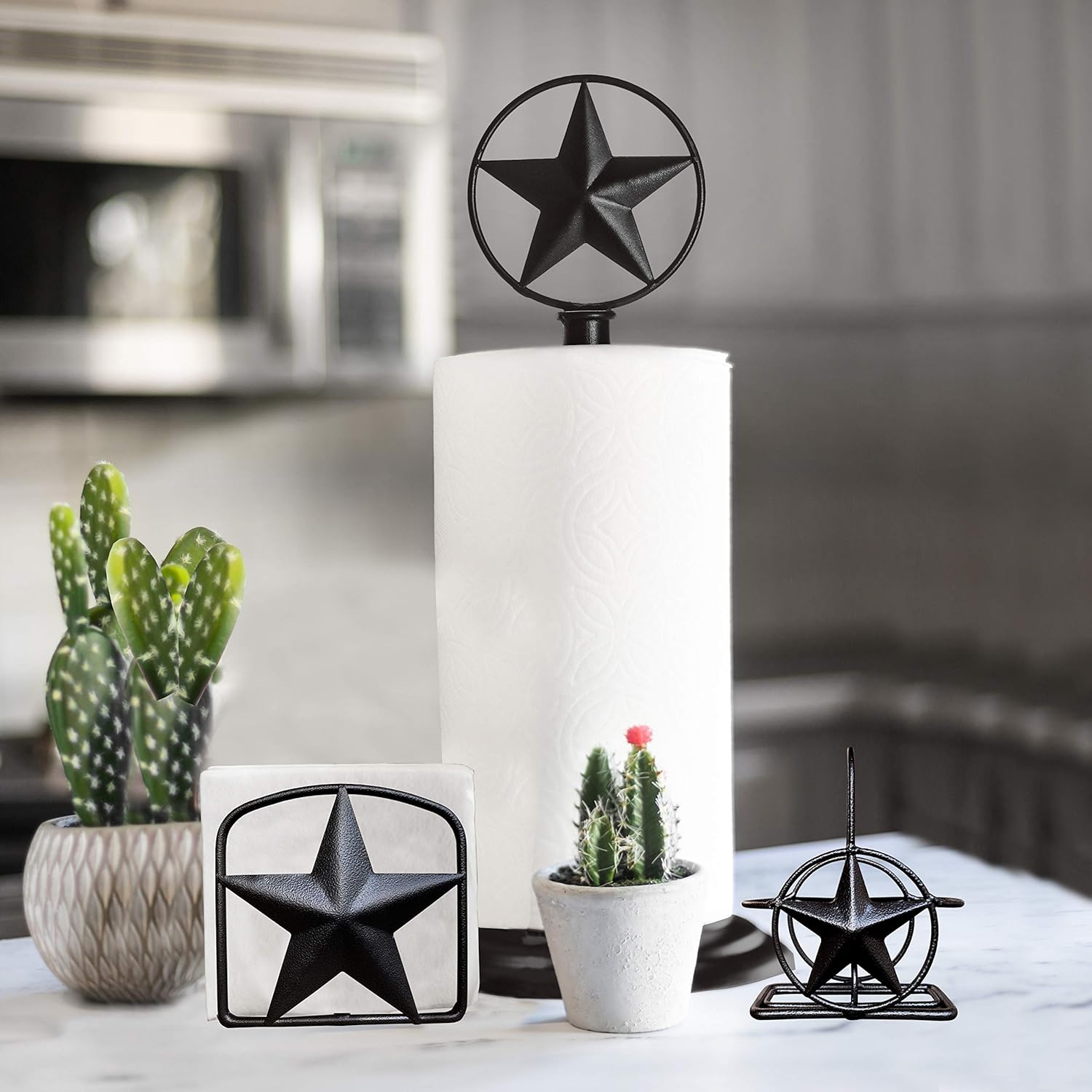 Black Rustic Texas Star Paper Towel Holder - Country Farmhouse Iron Metal Primitive Kitchen Countertop Paper Towel Holders, Western Style Stand for Paper Towels, Table Decor (Paper Towel Holder)