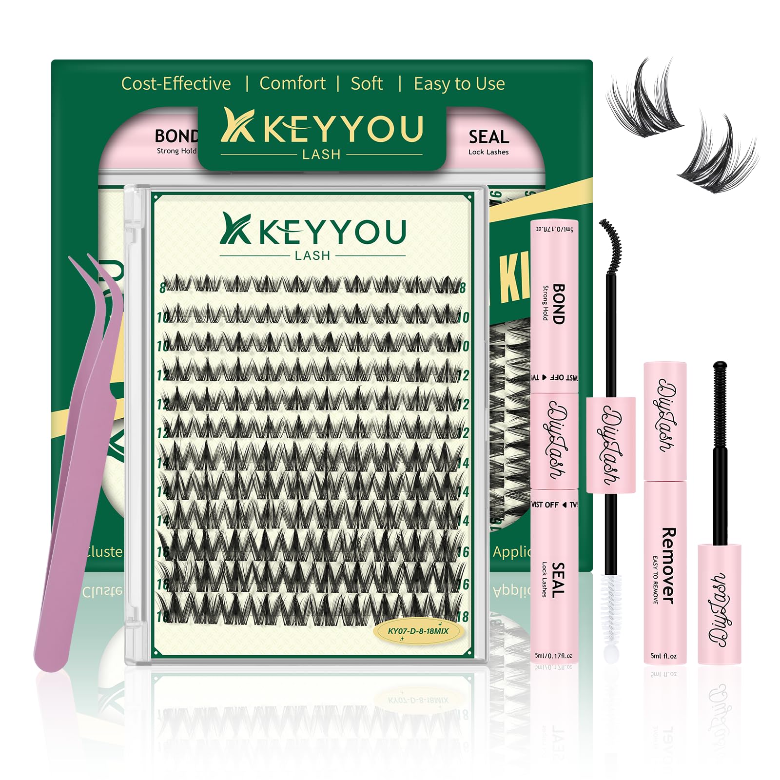 KEYYOU Cluster Lashes Kit 120pcs 8-16MIX Anime Spiky Cluster Lashes Thin Band Lash Extension Kit with Bond and Seal,Remover,Applicators for beginner DIY Wispy Eyelashes at Home (KY07 Kit)
