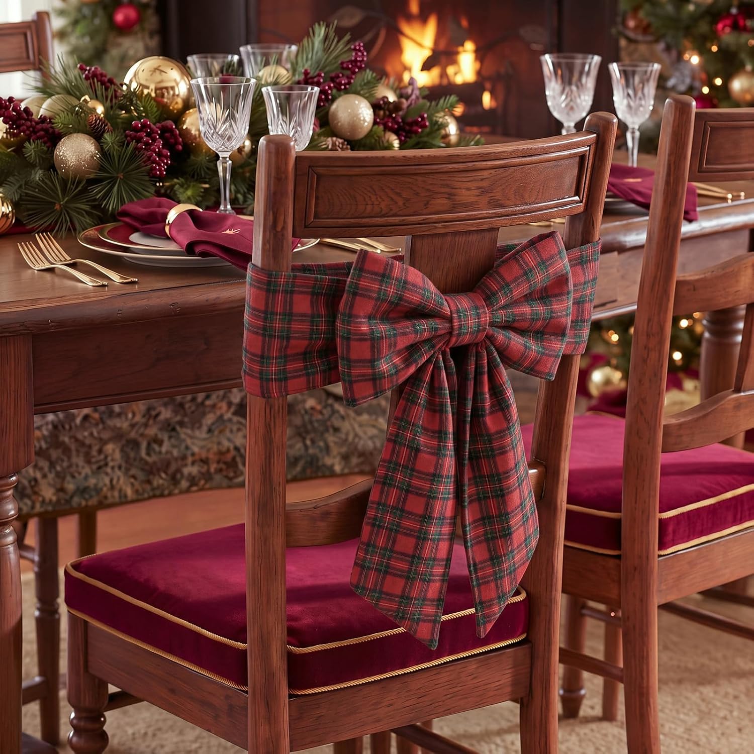 Fanfanwin 10 Pcs Tartan Velvet Christmas Chair Back Cover with Bow, Red