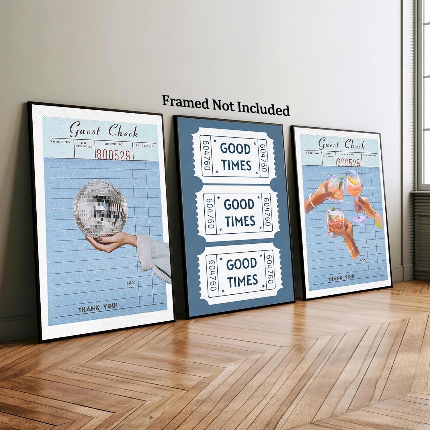 Set Of 3 Light Blue Guest Check Poster Canvas, Vintage Guest Check Cocktail Canvas Wall Art Print,Good Times Blue Wall Decor For Home Bedroom Dorm 16X24 in Unframed-Canvas Rolled Up