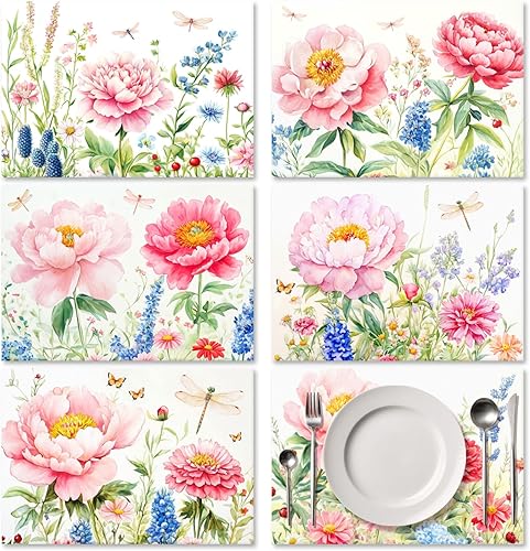 ORIGACH Juego de 6 manteles individuales vintage con diseño de flores de acuarela, peonía vívida y libélula lavables, resistentes al calor, para