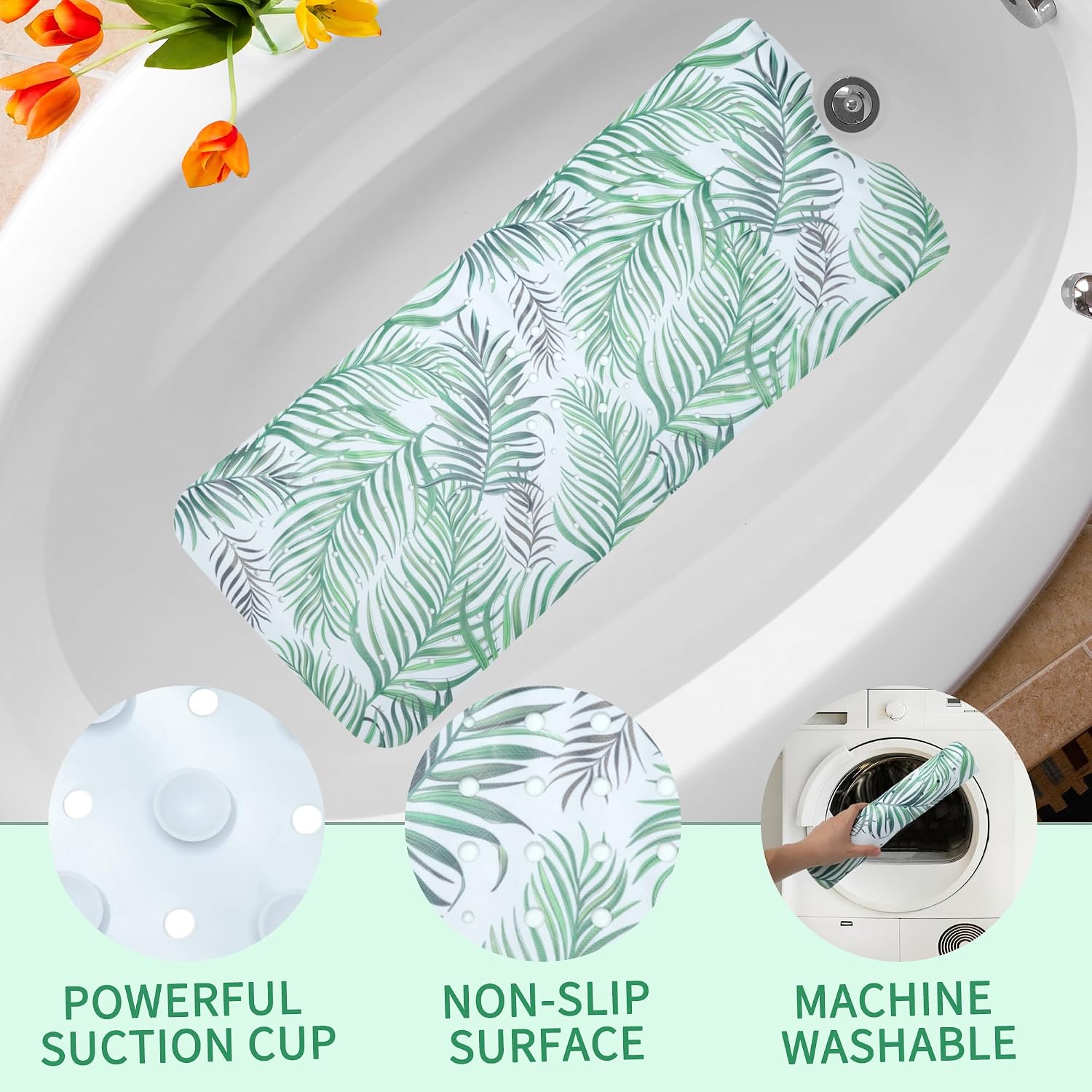 Bath Mat, Jungle Style Bathtub Mat, Shower Mat, Anti Slip Bathtub Mats for Tub with Suction Cups and Drain Holes, White Green