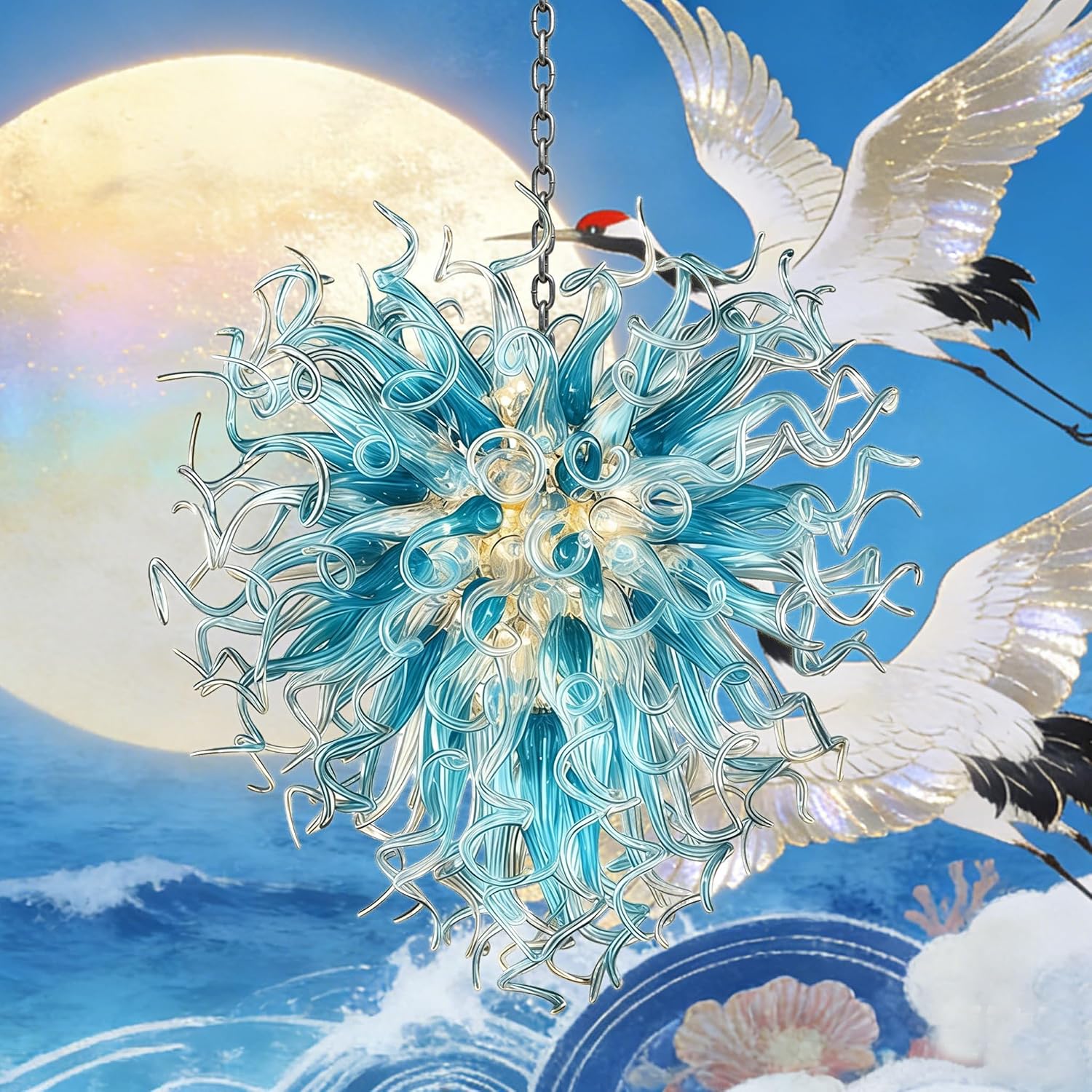 Hand Blown Glass Chandelier, Blue, Hardware and Glass, 20in/28in/36in, for Living Room Dining Room Bedroom (24” Dia x 28” H)