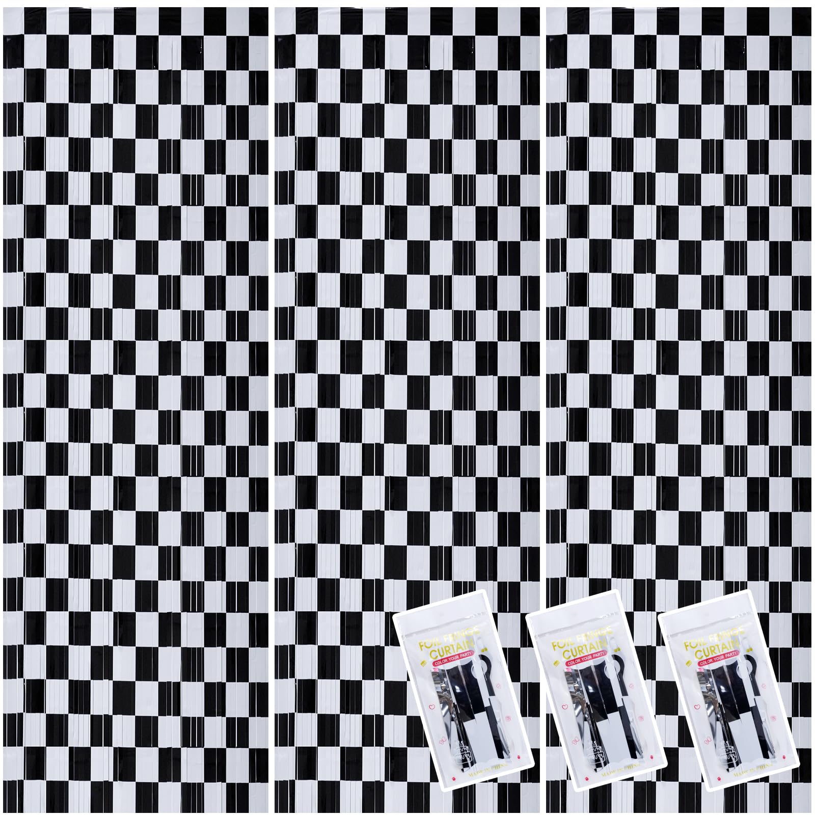 3 Pack Racing Car Birthday Party Supplies, 78.7*39.3 inch Black and White Stripes Foil Fringe Curtains for Racing Car Themed Photo Booth Props Decor