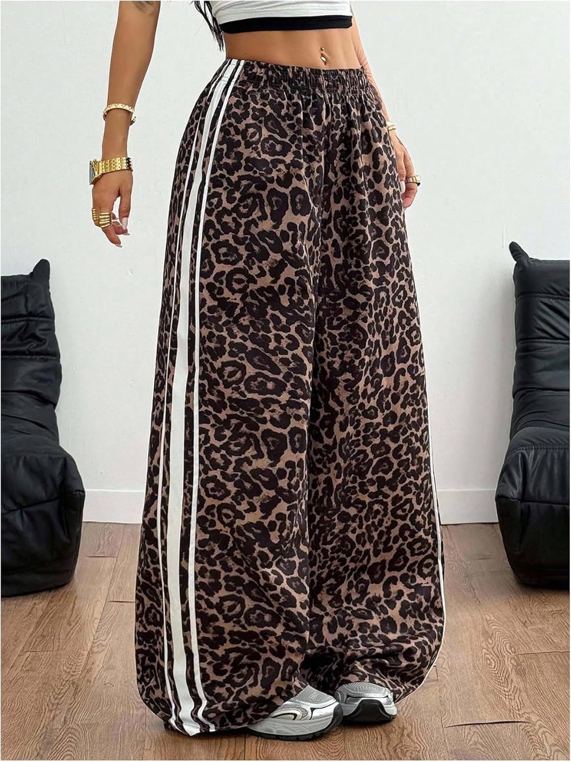 GORGLITTER Women's Baggy Leopard Cheetah Print Pants Wide Leg Y2k Travel Cool Striped Sweatpants Trousers Pants - Image 3