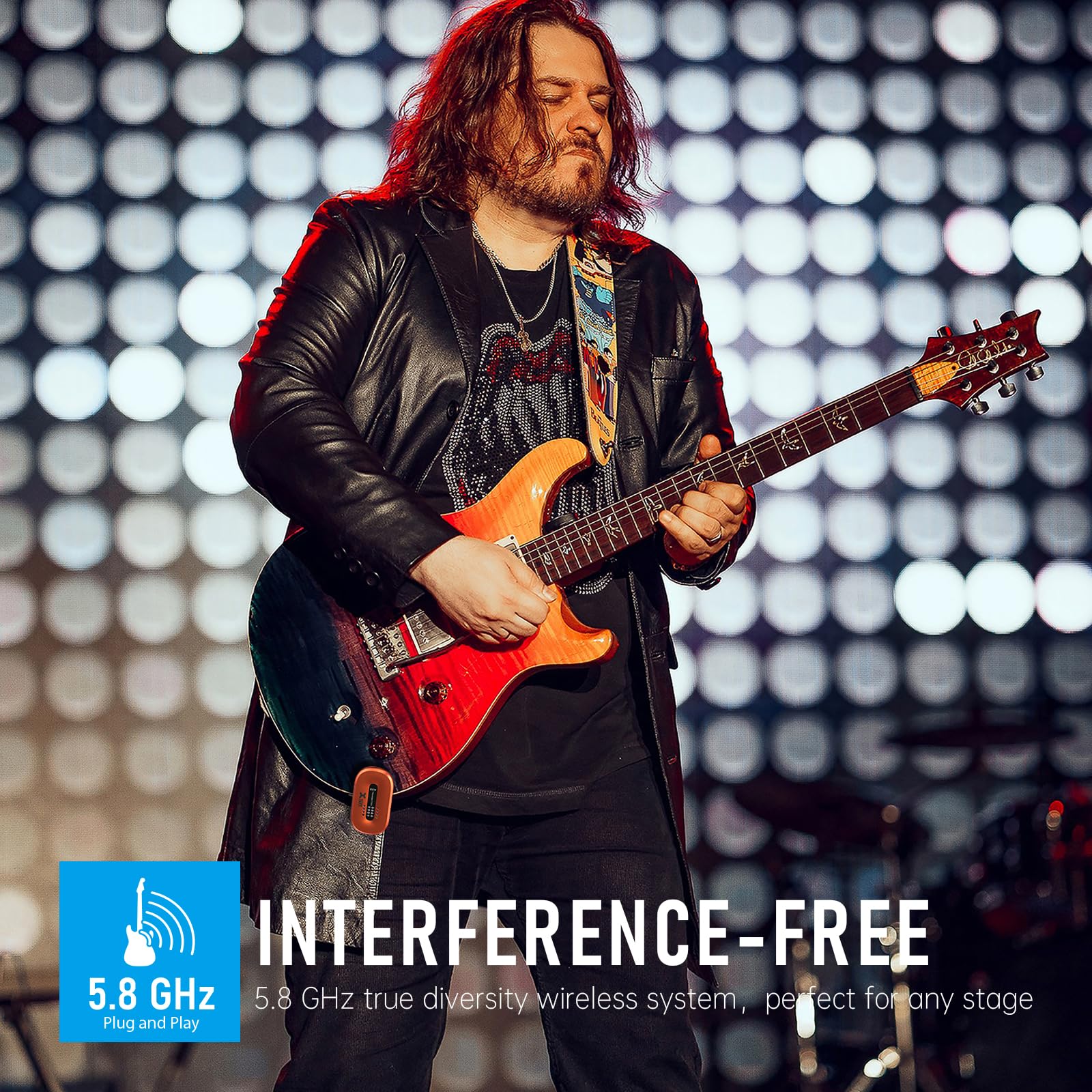 Xvive A58 - Sistema per chitarra wireless da 5,8 GHz, trasmettitore ricevitore per pickup attivo o passivo per basso elettrico/acustico, arancione