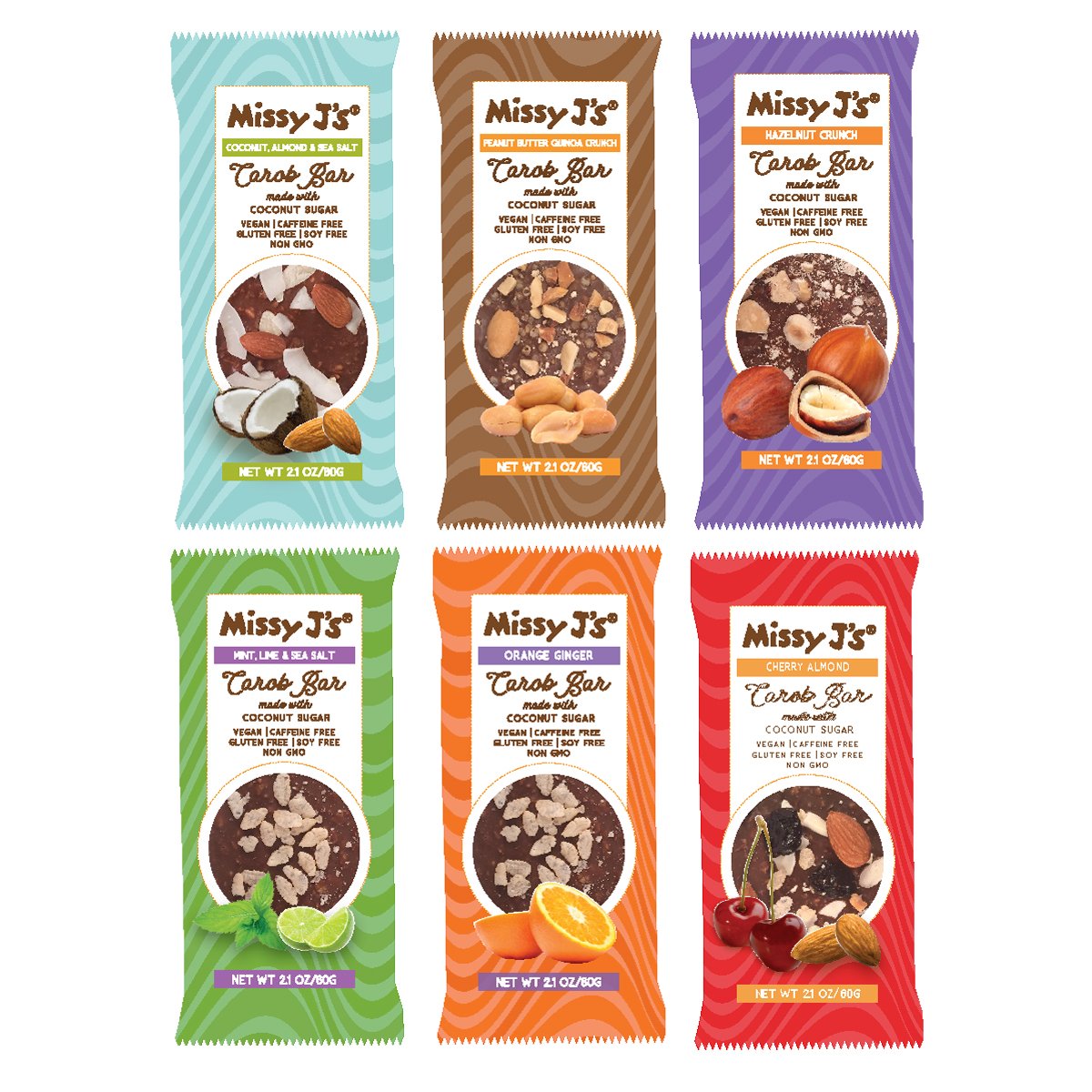 Missy J's Carob Candy Bar Variety Pack 2.1 Ounces (Pack of 6) Grocery & Gourmet