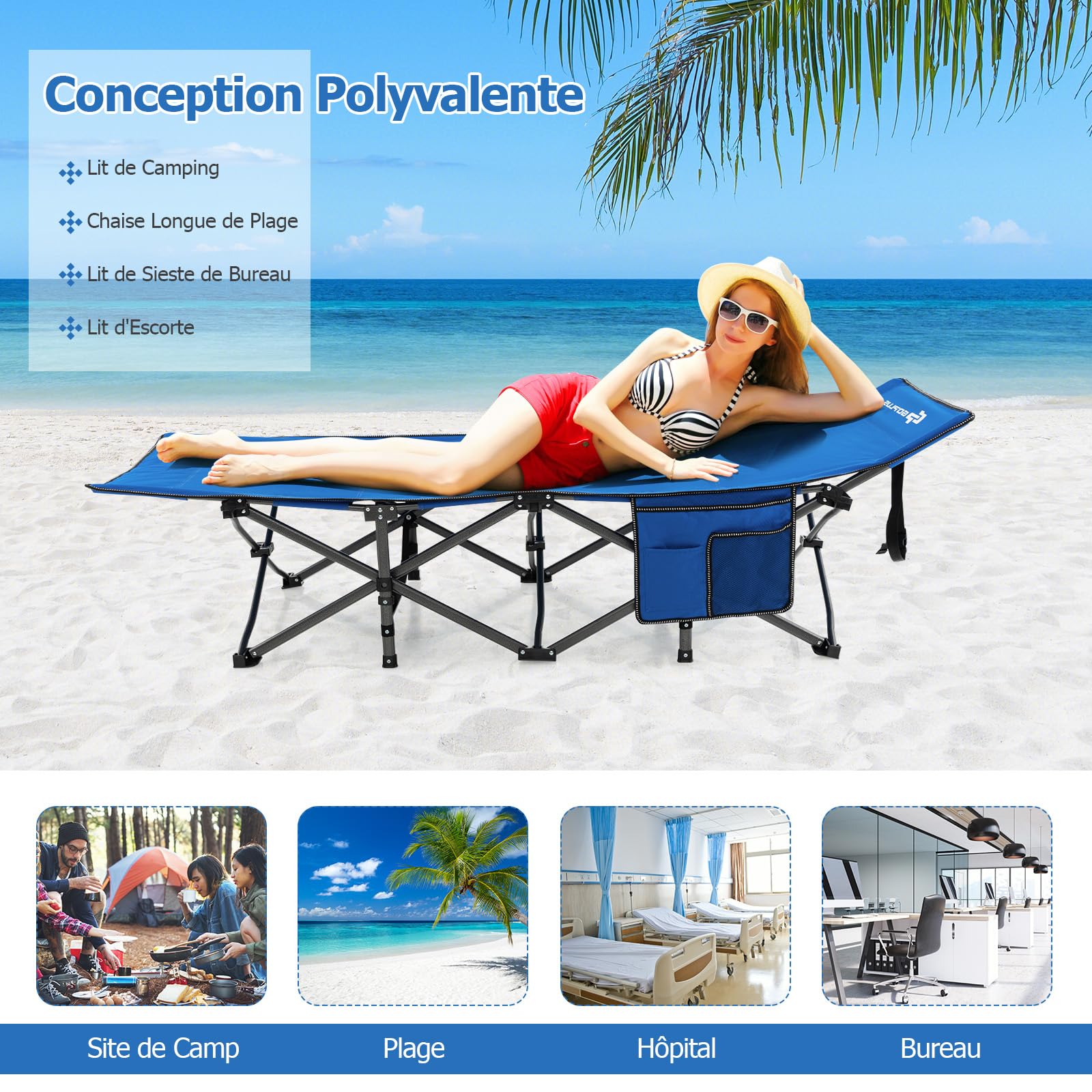 GOPLUS Lit de Camping Pliable 1 Personne avec Appuie-tête Incliné, lit de Voyage Portable avec Poche Latérale & Sac de Transport, Charge 272 KG, pour Camping, Randonnée, Pêche, 190X70X54 CM