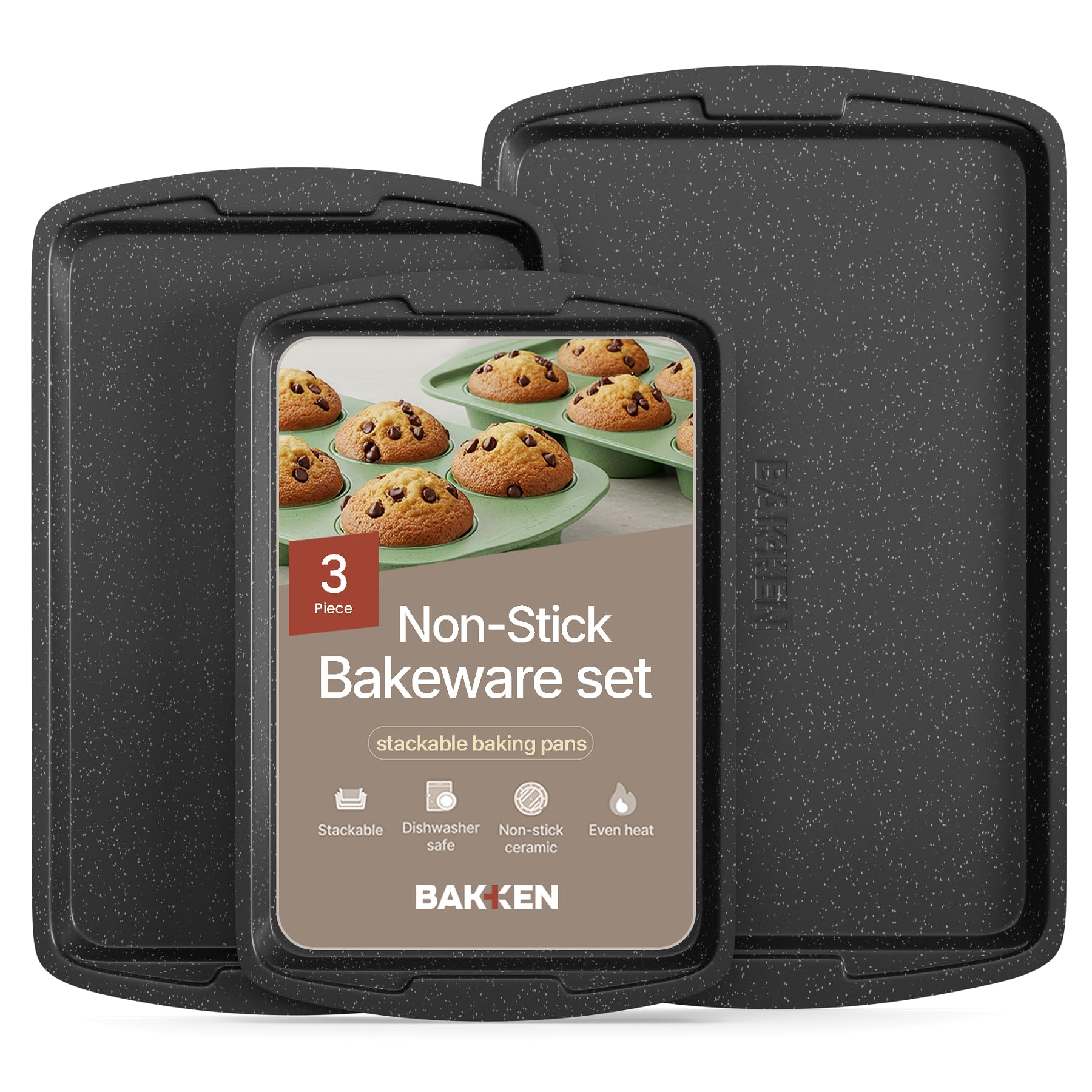 Bakken Swiss Cookie Sheet 3 Piece Set - Non-Stick, Stackable Baking Pans, Gray Marble Deluxe Ceramic Coating – Dishwasher Safe - for Home Baking