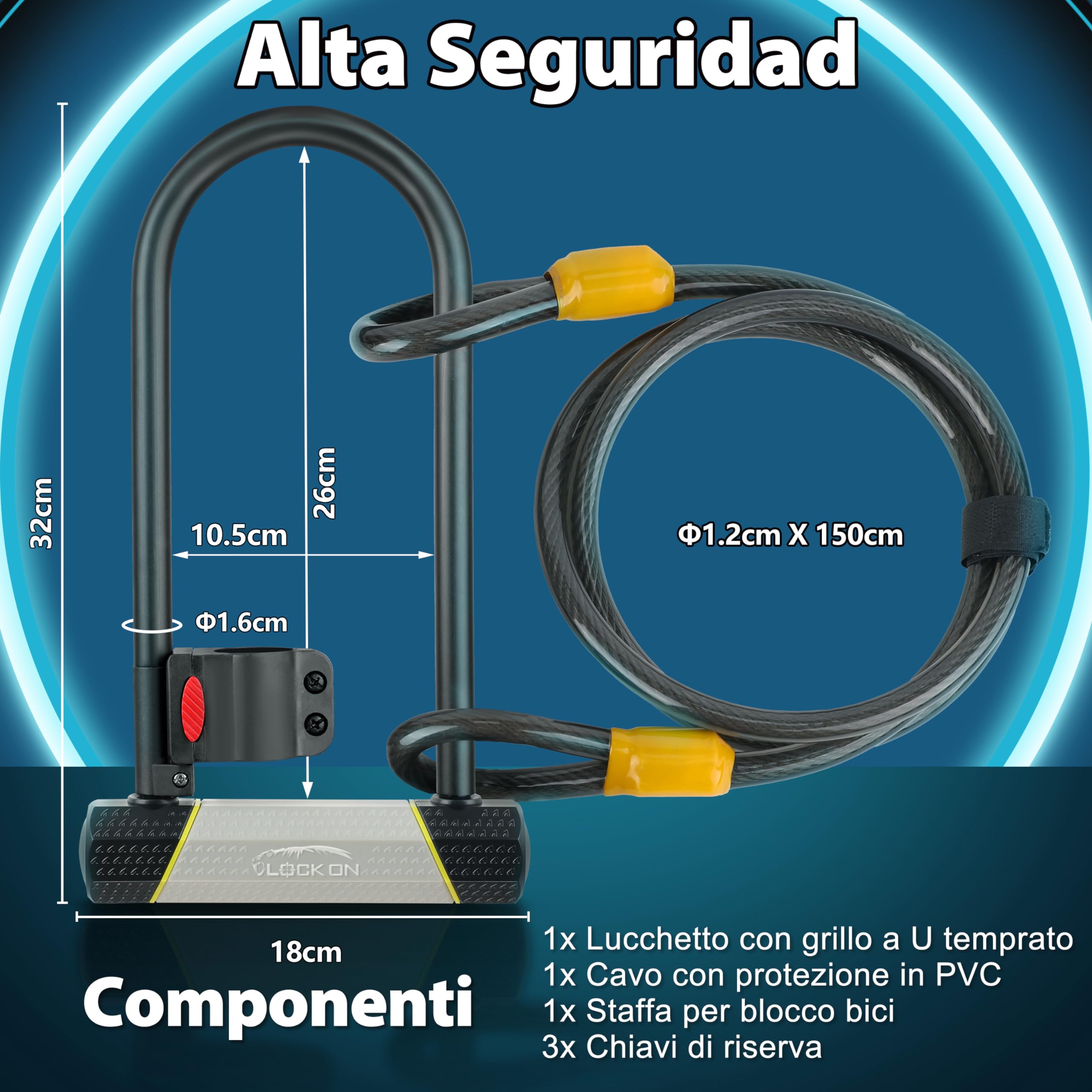 SUNYA Lucchetto per bicicletta, 14mm antifurto a U e cavo 12mm x 1,5m. Livello di sicurezza 7/10, offre un alto livello di protezione. 1 supporto di montaggio.