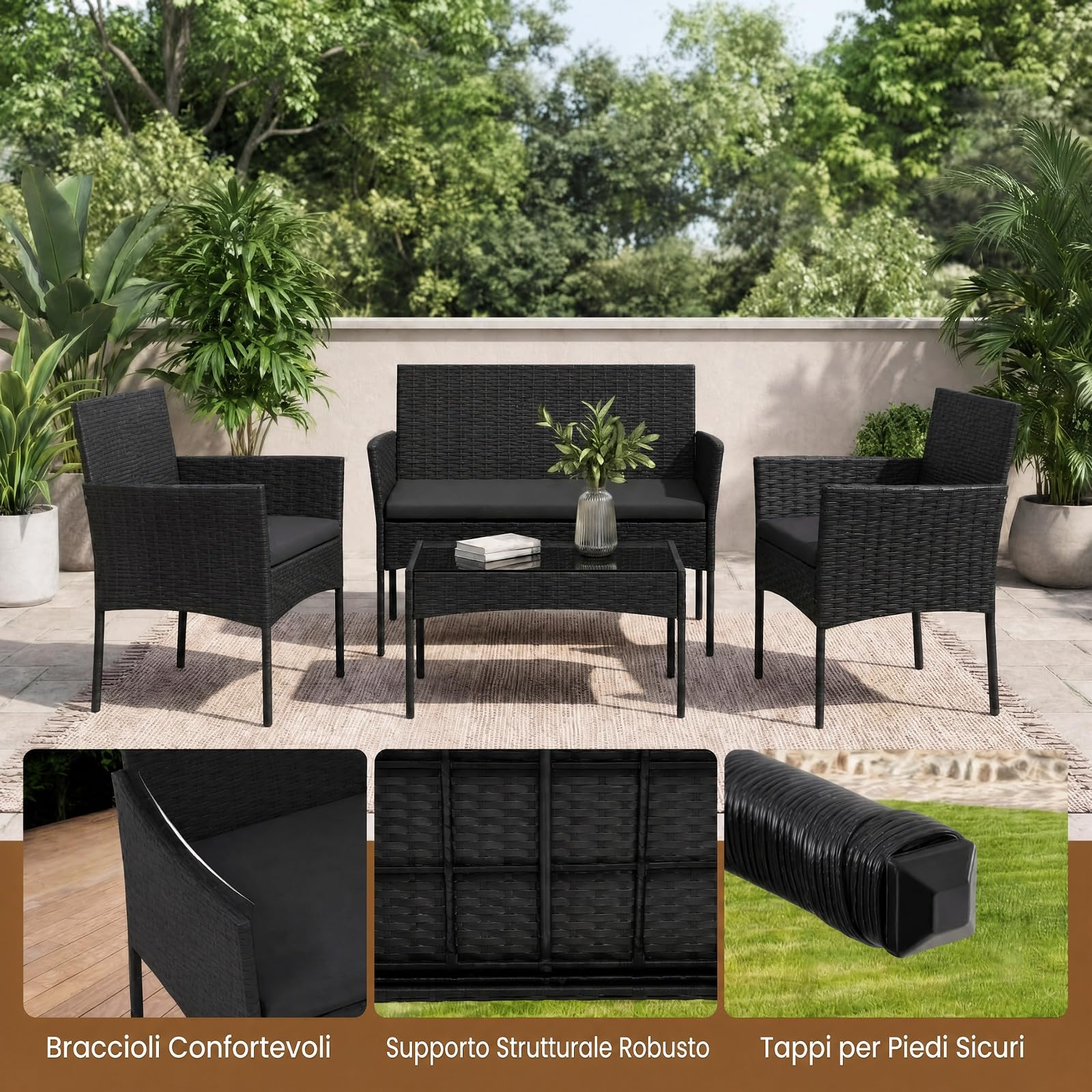 SOARS Salotto da Giardino 4 Pezzi, Set da Esterno in Rattan con 1 Divano 2 Posti, 2 Poltrone, 1 Tavolino in Vetro Temperato, Set Mobili da Giardino con Cuscini per Balcone, Terrazzo (Nero)