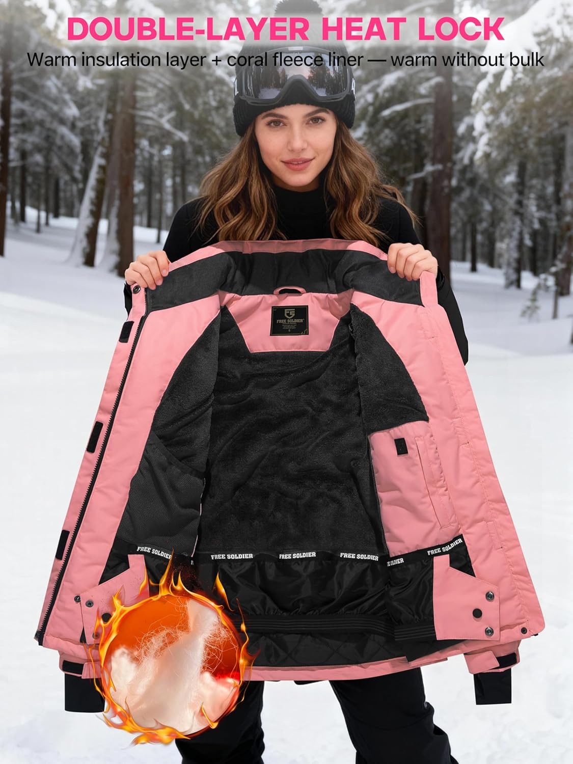 FREE SOLDIER Women's Waterproof Ski Snow Jacket Fleece Lined Warm Winter Rain Jacket with Hood Fully Taped Seams - Image 3