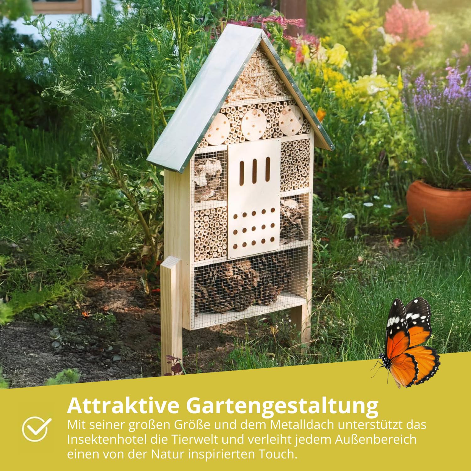 wildlife friend Insektenhotel XXL Stehend - Bienenhotel mit Standfuß 76 cm, Metalldach - Groß Wildbienenhotel - Insektenhaus für Bienen, Marienkäfer & Schmetterlinge | Insektenhotel Bausatz, Holzfarbe